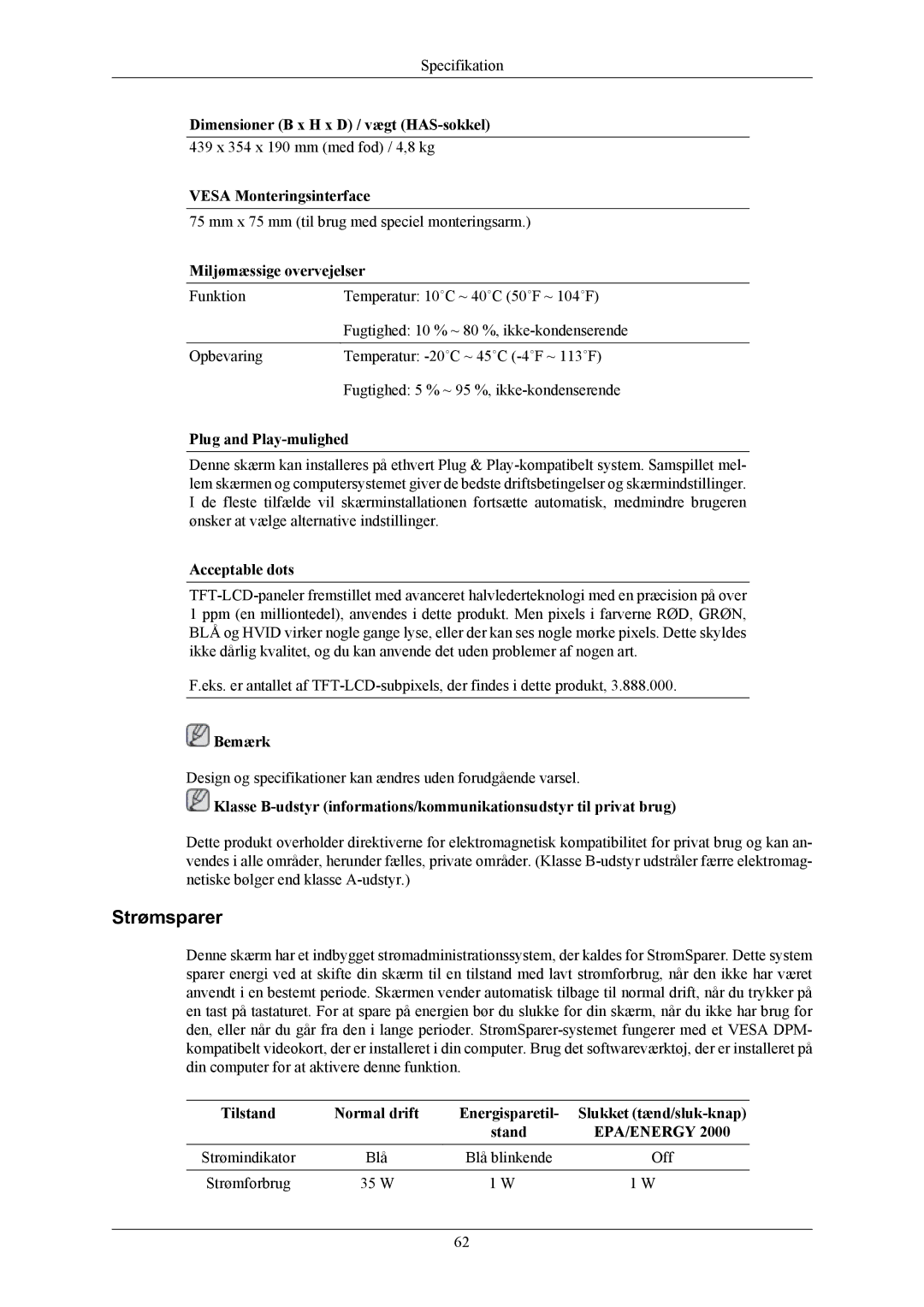 Samsung LS19MYKESCA/EN, LS19MYKESQ/EDC manual Strømsparer 