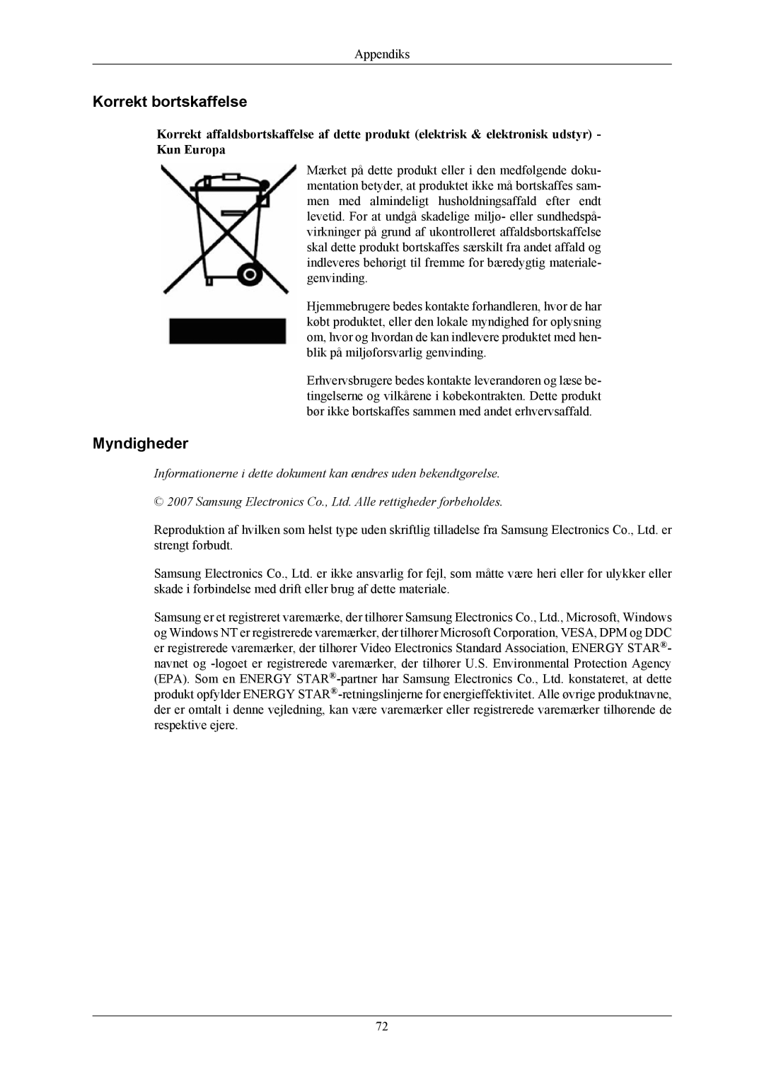 Samsung LS19MYKESCA/EN, LS19MYKESQ/EDC manual Korrekt bortskaffelse, Myndigheder 