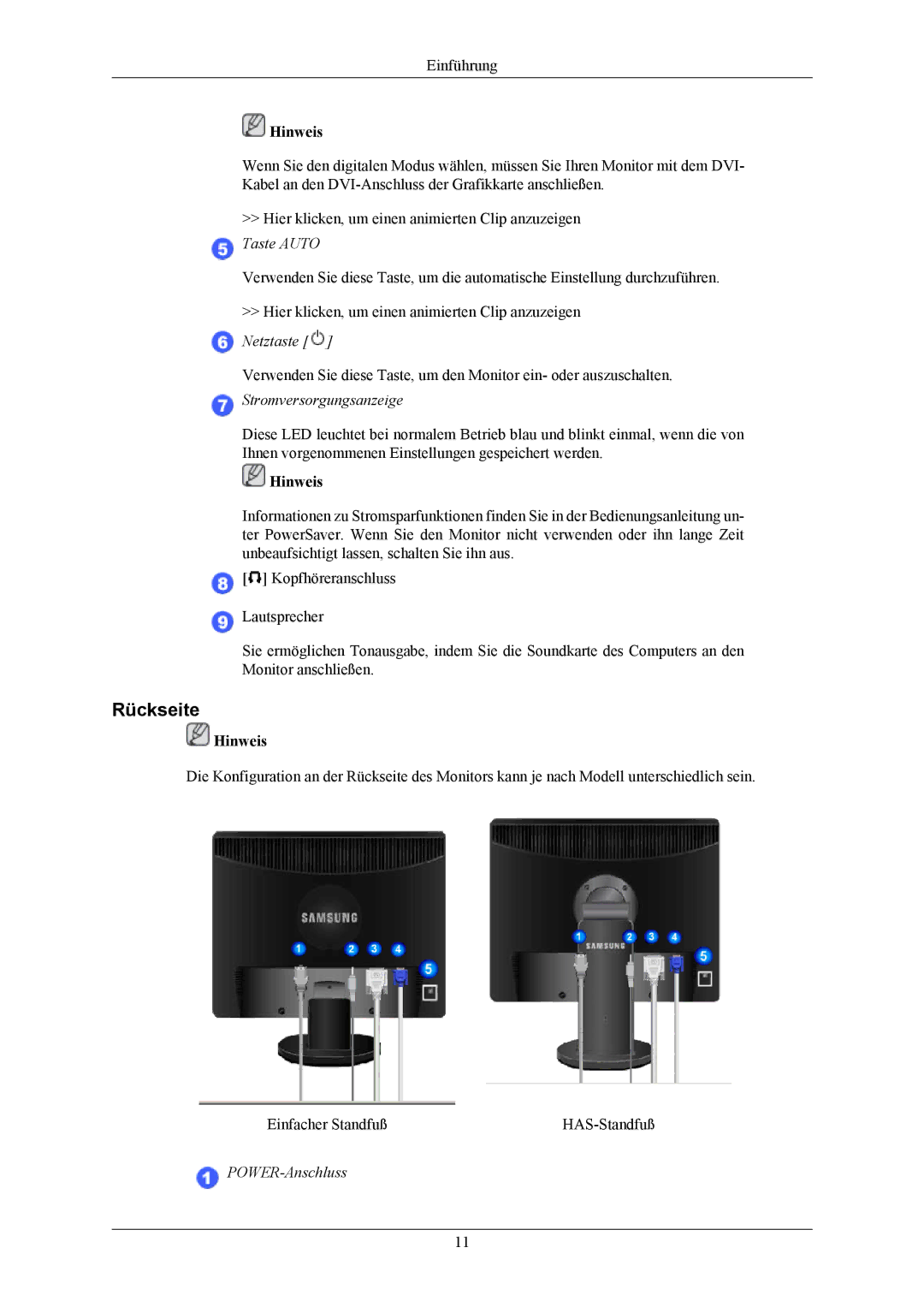 Samsung LS19MYMESCA/EN, LS19MYMESQ/EDC, LS19UBPESQ/EDC, LS19MYMEBQ/EDC, LS19UBQESQ/EDC Rückseite, Stromversorgungsanzeige 