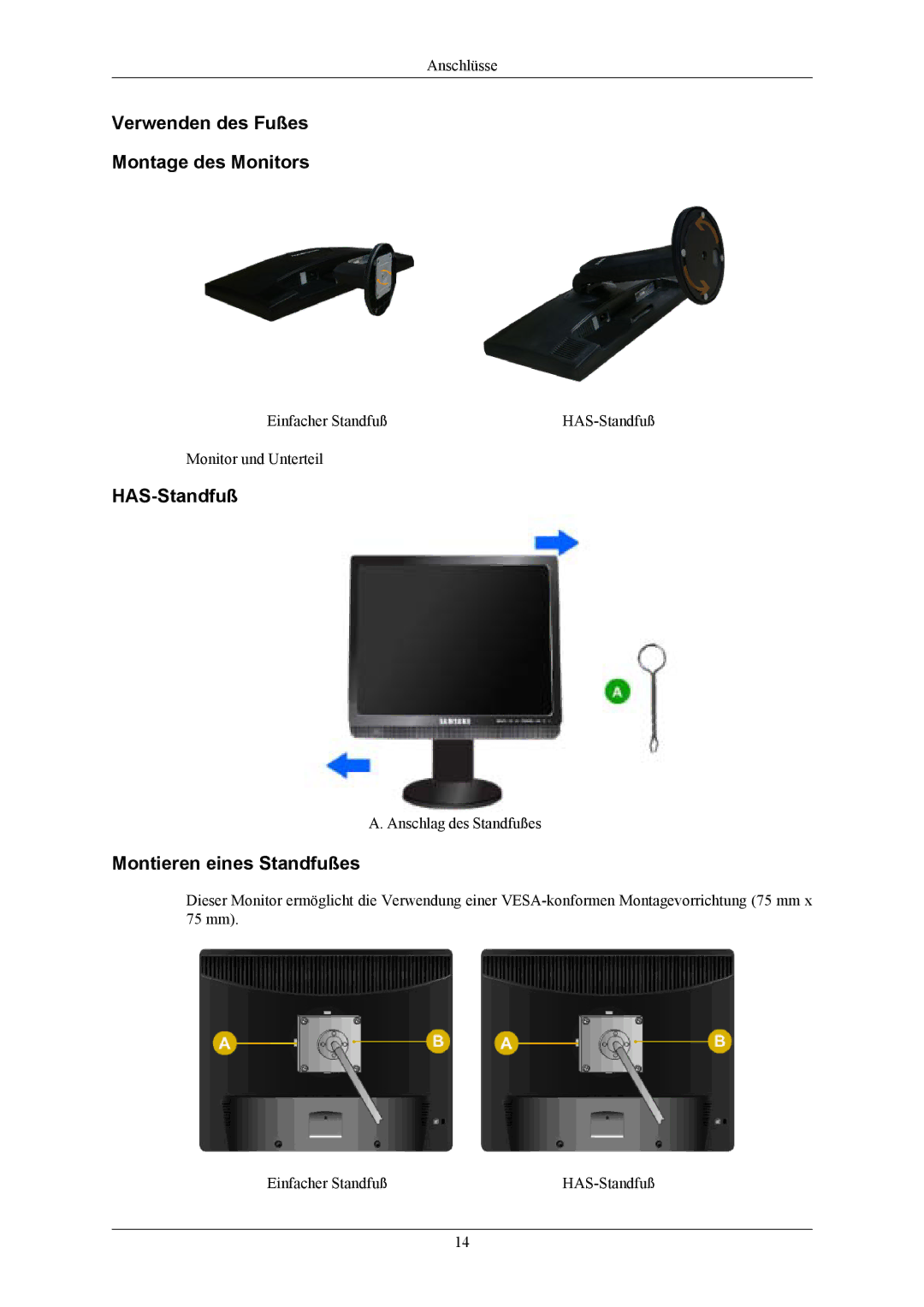 Samsung LS19MYMEBQ/EDC, LS19MYMESCA/EN Verwenden des Fußes Montage des Monitors, HAS-Standfuß, Montieren eines Standfußes 