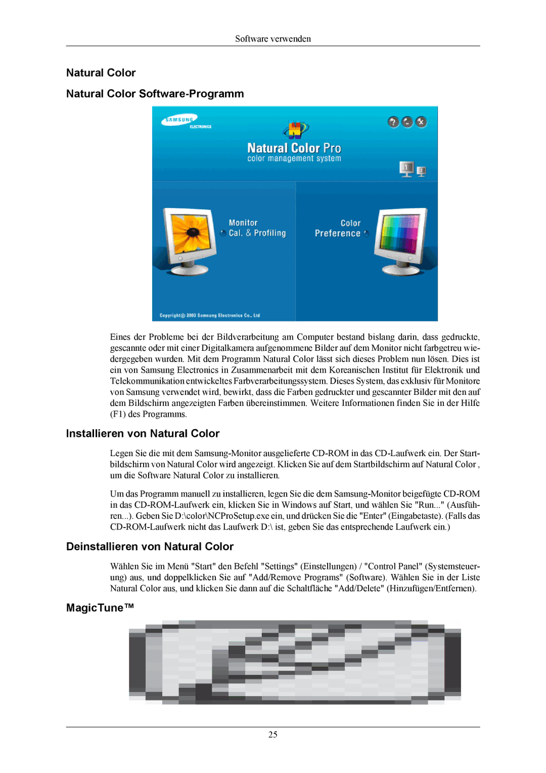 Samsung LS19UBPESQ/EDC manual Natural Color Natural Color Software-Programm, Installieren von Natural Color, MagicTune 
