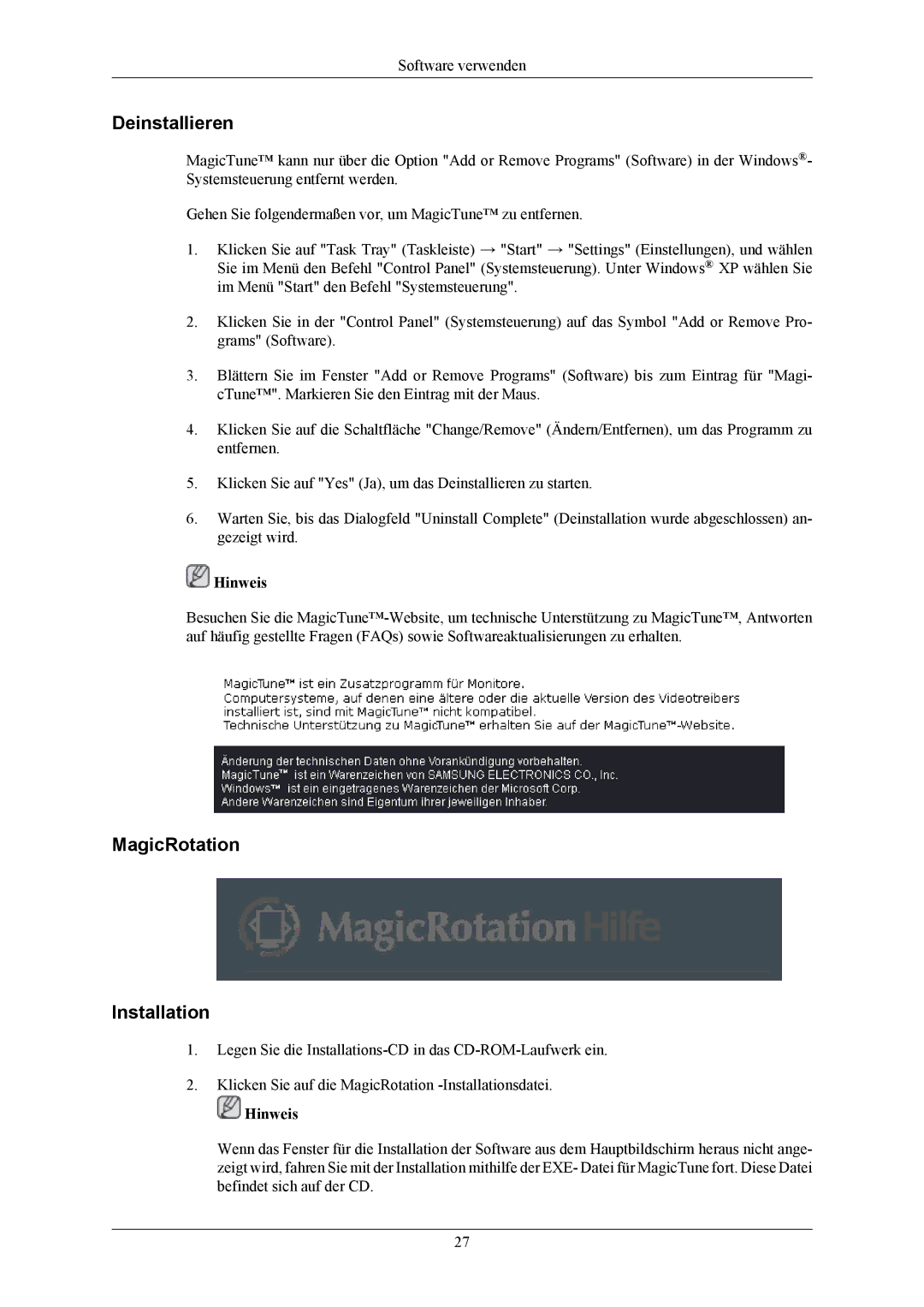 Samsung LS19UBQESQ/EDC, LS19MYMESCA/EN, LS19MYMESQ/EDC, LS19UBPESQ/EDC manual Deinstallieren, MagicRotation Installation 