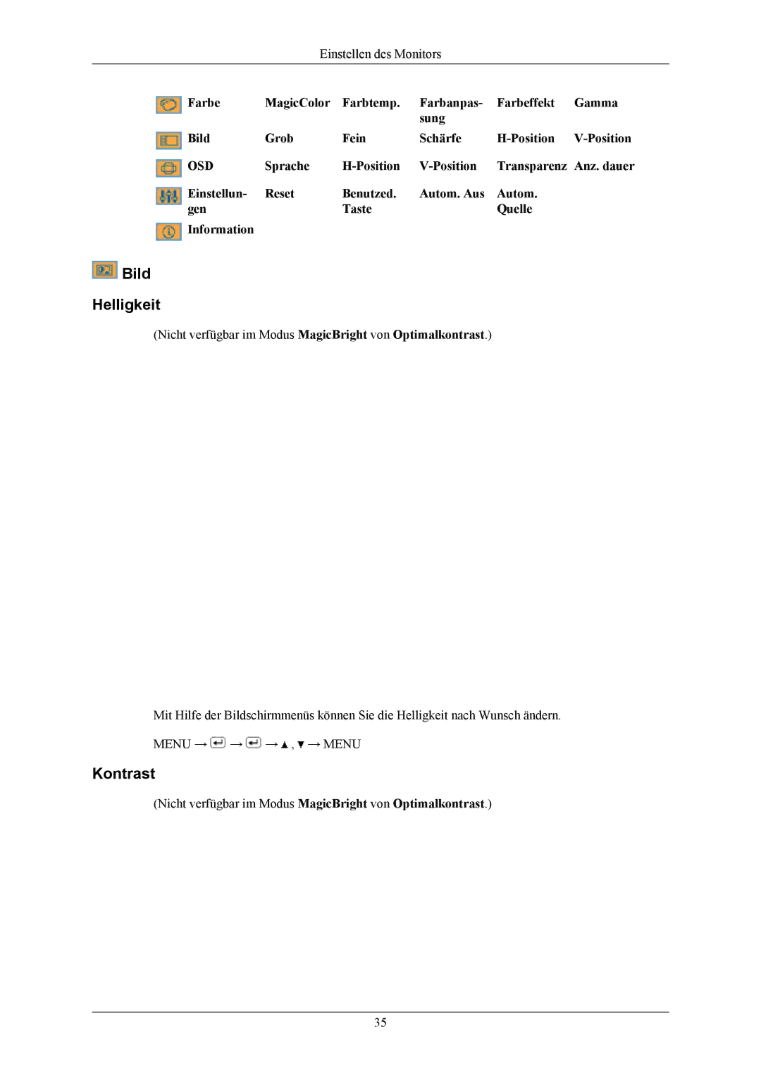 Samsung LS19MYMESCA/EN, LS19MYMESQ/EDC, LS19UBPESQ/EDC, LS19MYMEBQ/EDC, LS19UBQESQ/EDC manual Bild Helligkeit, Kontrast 