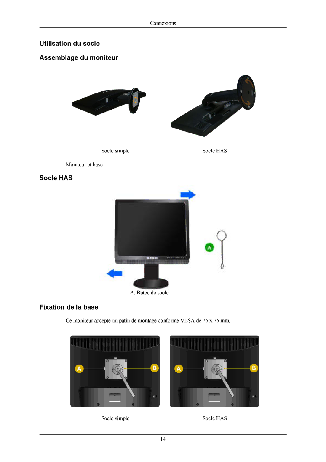 Samsung LS19UBPESQ/EDC, LS19MYMESQ/EDC manual Utilisation du socle Assemblage du moniteur, Socle has, Fixation de la base 