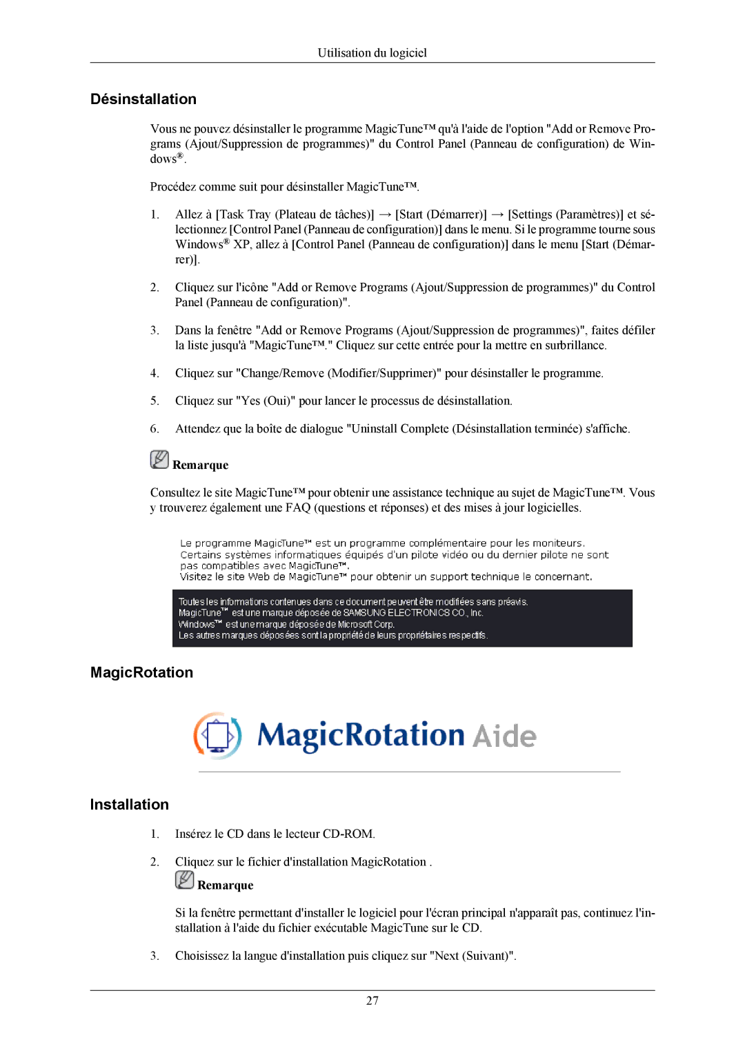 Samsung LS19MYMESQ/EDC, LS19UBPESQ/EDC, LS19MYMEBQ/EDC, LS19UBQESQ/EDC manual Désinstallation, MagicRotation Installation 