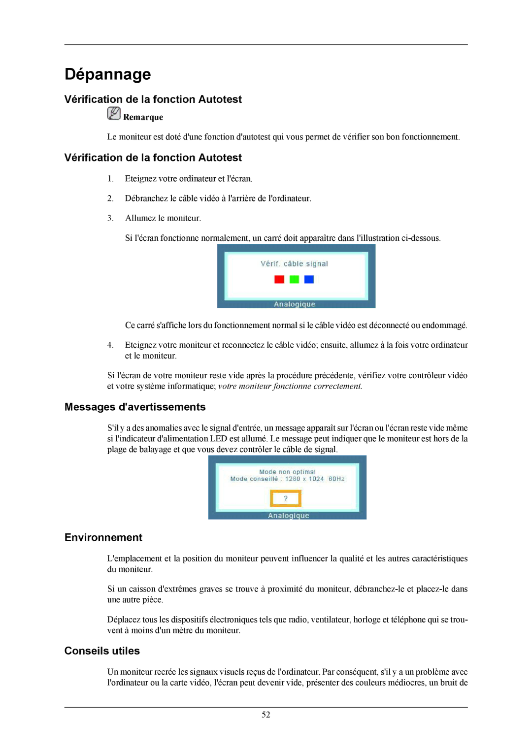 Samsung LS19MYMEBCA/EN manual Dépannage, Vérification de la fonction Autotest, Messages davertissements, Environnement 