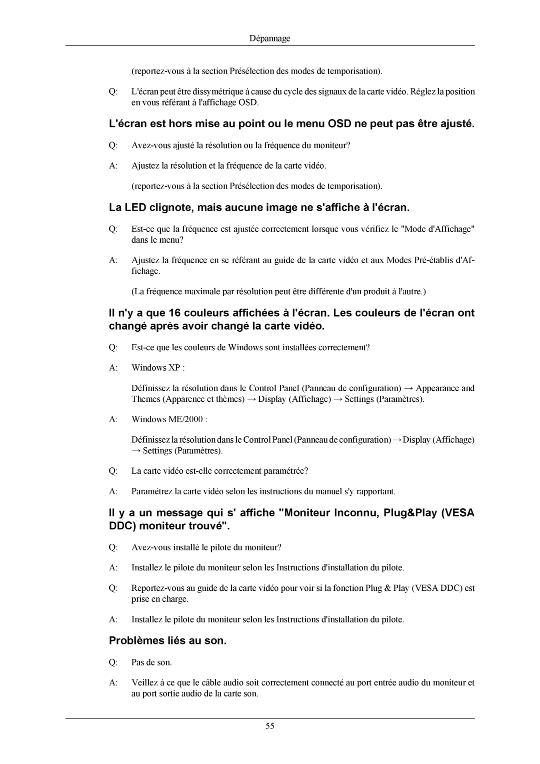 Samsung LS19MYMESQ/EDC, LS19UBPESQ/EDC manual La LED clignote, mais aucune image ne saffiche à lécran, Problèmes liés au son 