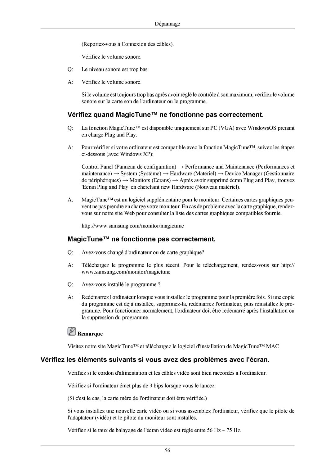 Samsung LS19UBPESQ/EDC, LS19MYMESQ/EDC, LS19MYMEBQ/EDC manual Vérifiez quand MagicTune ne fonctionne pas correctement 