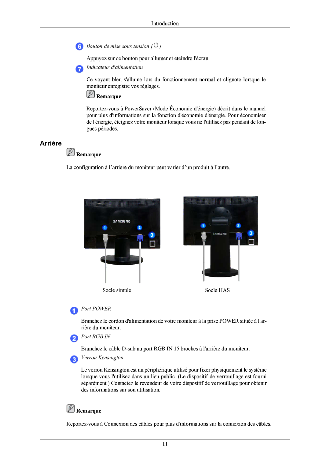 Samsung LS19MYNKB/EDC, LS19MYNKBBUEDC, LS19MYNKBB/EDC, LS19MYNKF/EDC, LS19MYNKBBAUEN manual Arrière, Indicateur dalimentation 