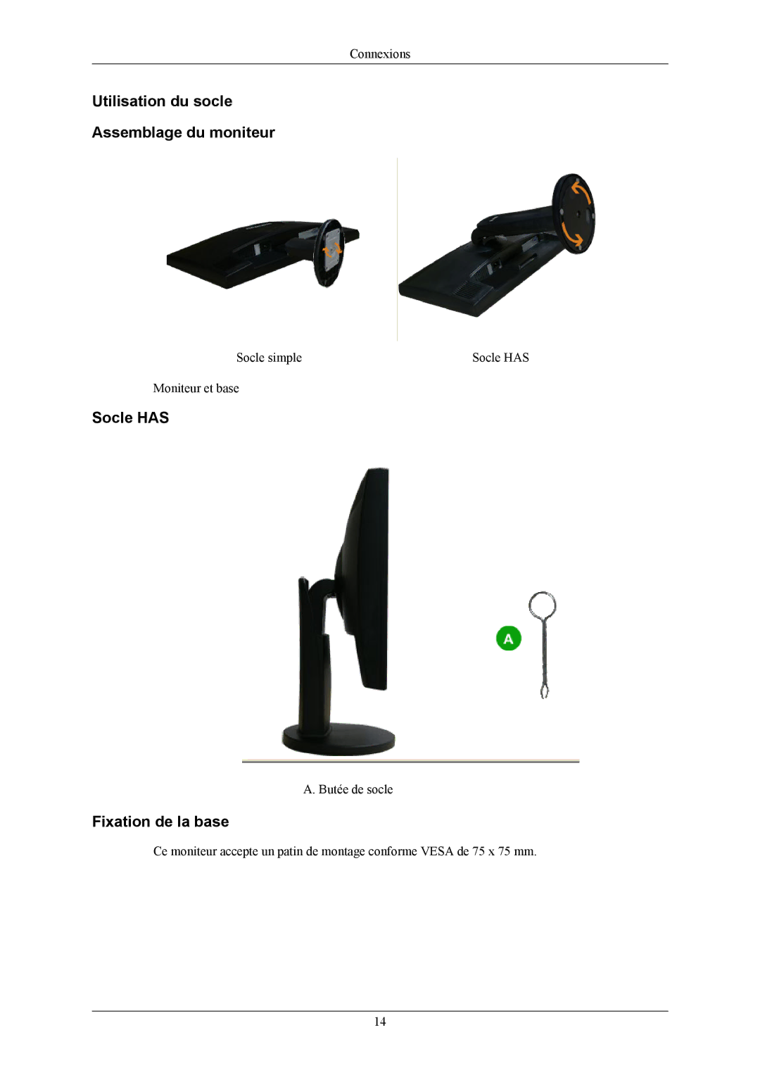 Samsung LS19MYNKBBUEDC, LS19MYNKBB/EDC manual Utilisation du socle Assemblage du moniteur, Socle has, Fixation de la base 