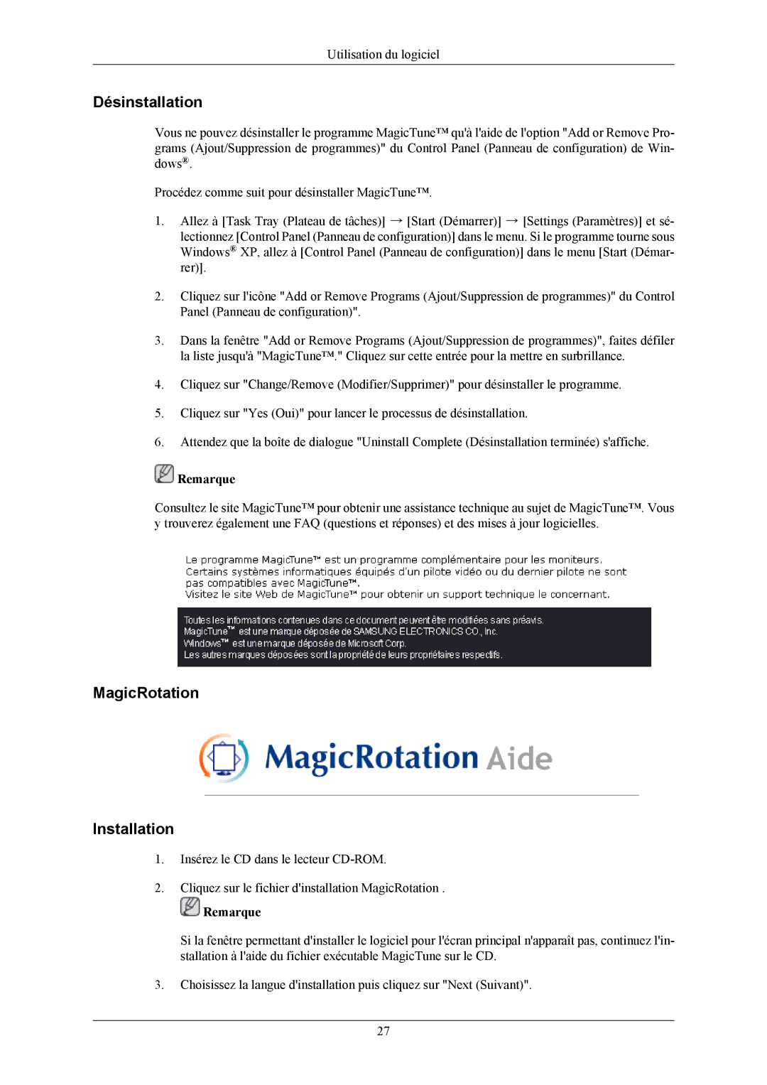 Samsung LS19MYNKF/EDC, LS19MYNKBBUEDC, LS19MYNKBB/EDC, LS19MYNKB/EDC manual Désinstallation, MagicRotation Installation 