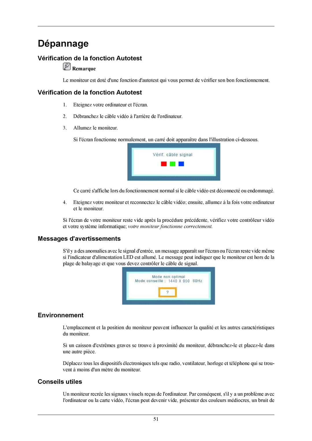 Samsung LS19MYNKB/EDC manual Dépannage, Vérification de la fonction Autotest, Messages davertissements, Environnement 