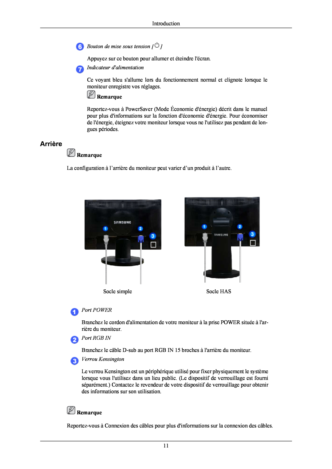 Samsung LS19MYNKB/EDC manual Arrière, Bouton de mise sous tension, Indicateur dalimentation, Port POWER, Port RGB IN 