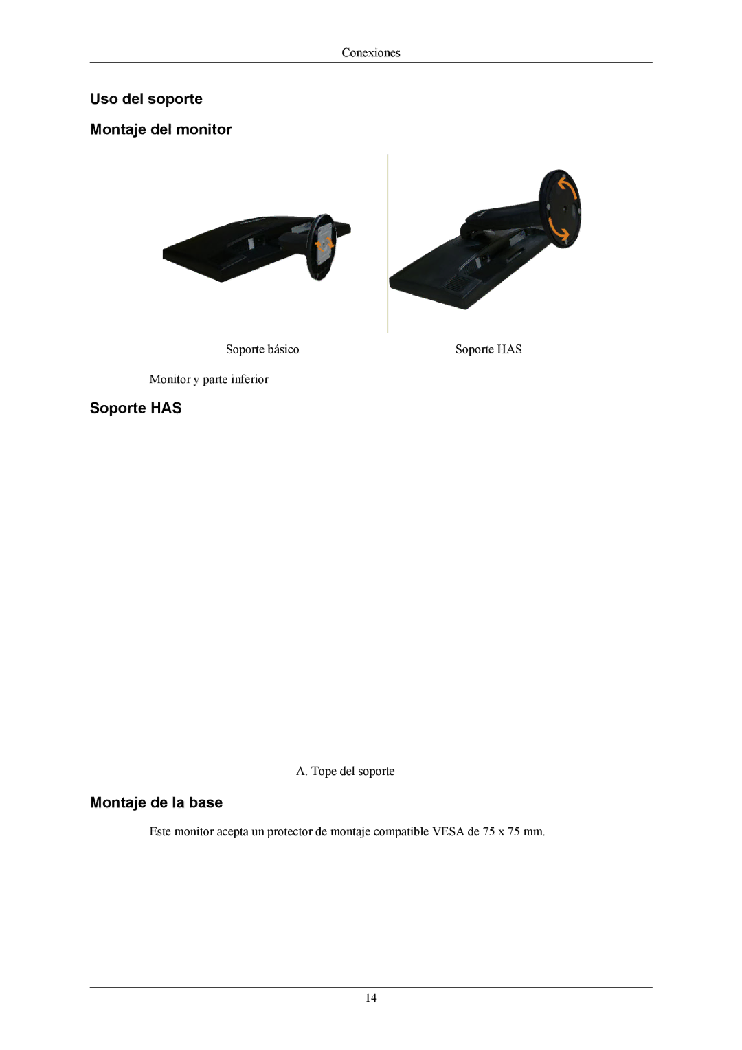 Samsung LS19MYNKBBUEDC, LS19MYNKSB/EDC, LS19MYNKBB/EDC Uso del soporte Montaje del monitor, Soporte has, Montaje de la base 