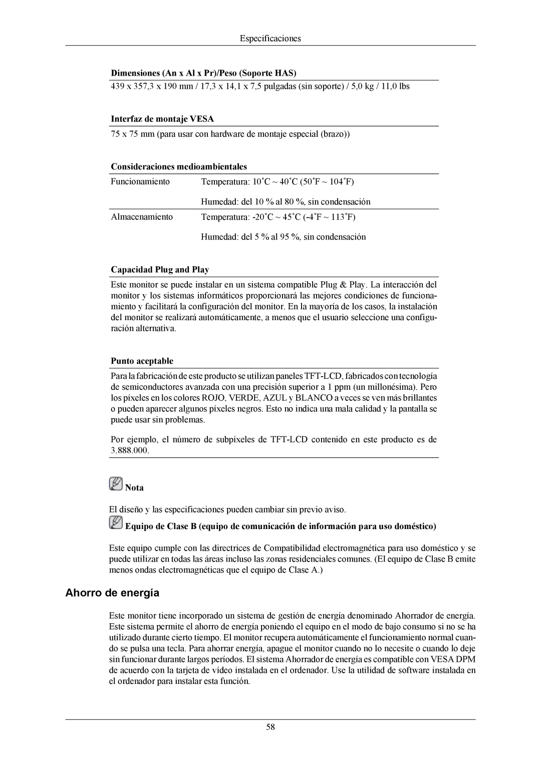 Samsung LS19MYNKB/EDC manual Ahorro de energía, Interfaz de montaje Vesa, Consideraciones medioambientales, Punto aceptable 