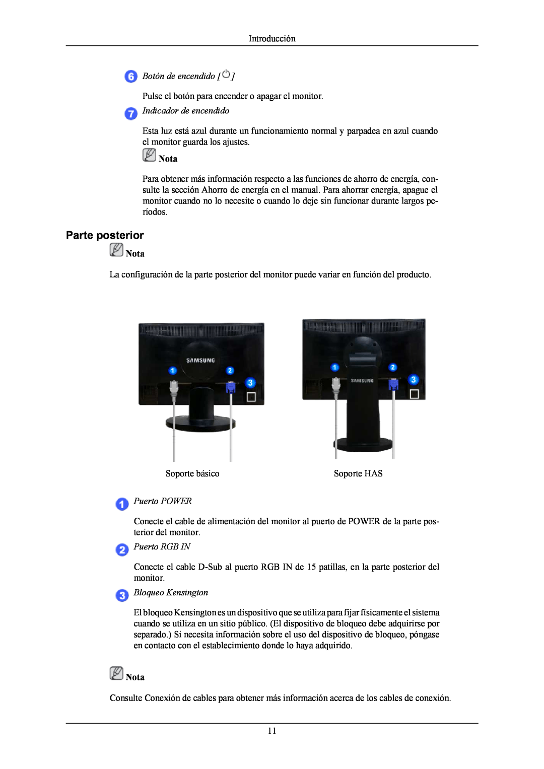 Samsung LS19MYNKBBAUEN manual Parte posterior, Botón de encendido, Indicador de encendido, Puerto POWER, Puerto RGB IN 
