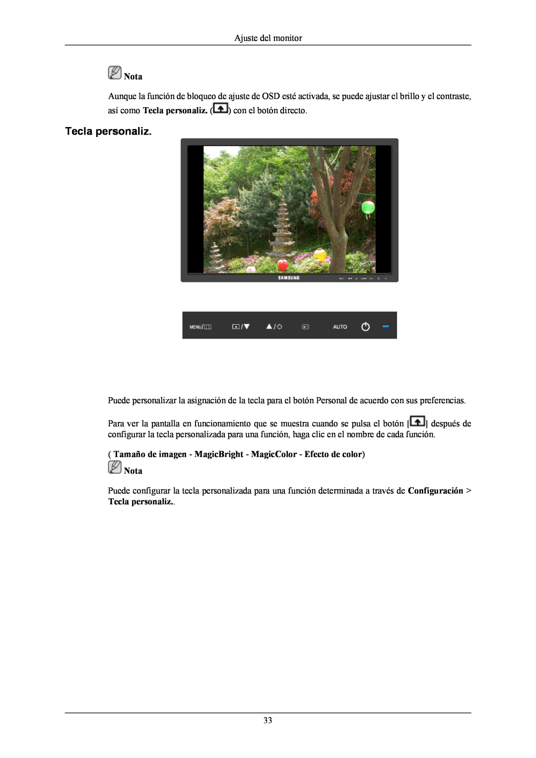 Samsung LS19MYNKFNA/EN manual Tecla personaliz, Tamaño de imagen - MagicBright - MagicColor - Efecto de color Nota 