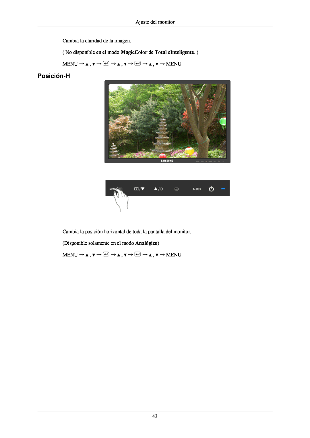 Samsung LS19MYNKBB/EDC manual Posición-H, Ajuste del monitor Cambia la claridad de la imagen, Menu → , → → , → → , → Menu 
