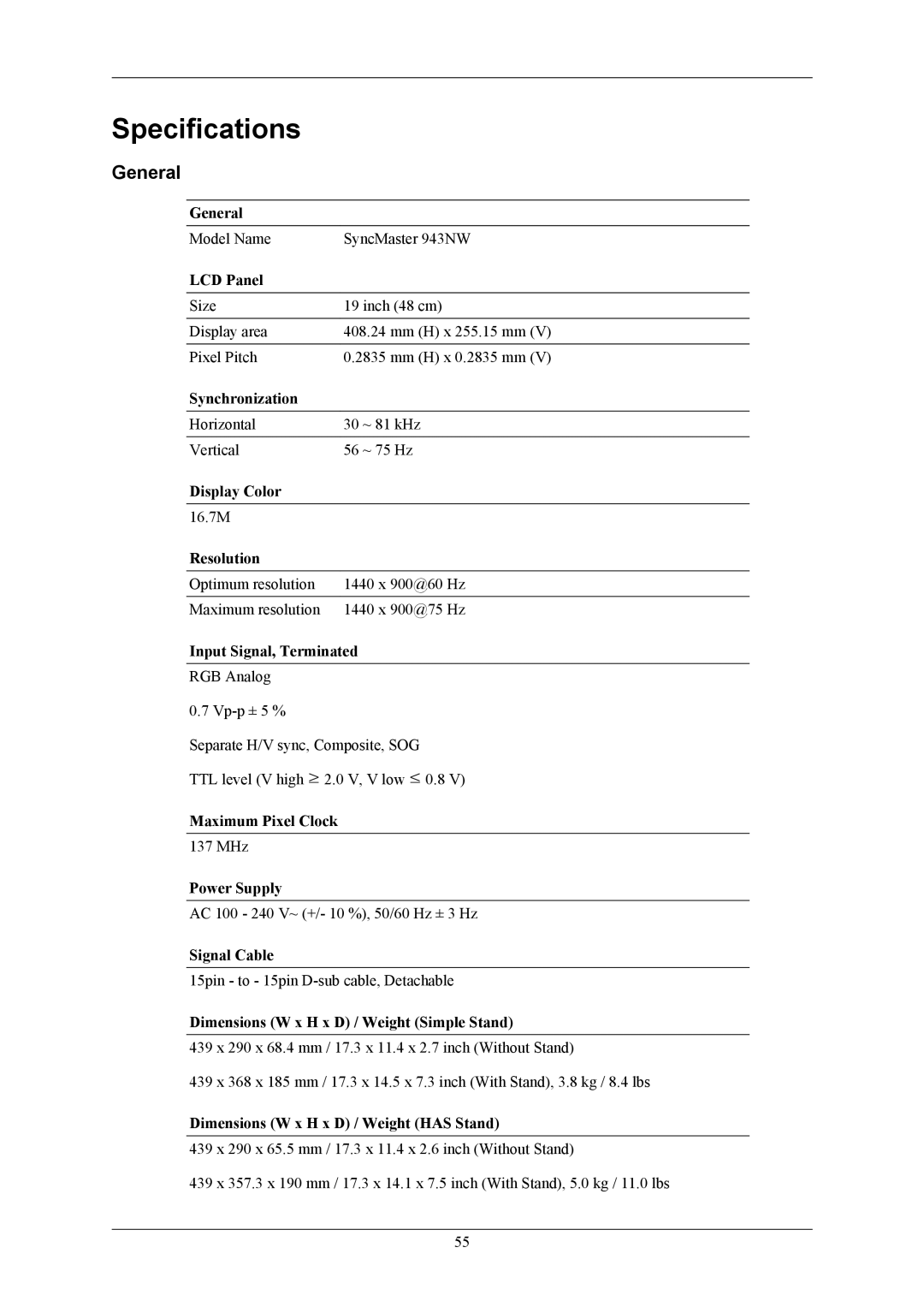 Samsung LS19MYNKF/EDC, LS19MYNKSB/EDC, LS19MYNKS/EDC, LS19MYNKBBUEDC, LS19MYNKBB/EDC, LS19MYNKB/EDC Specifications, General 