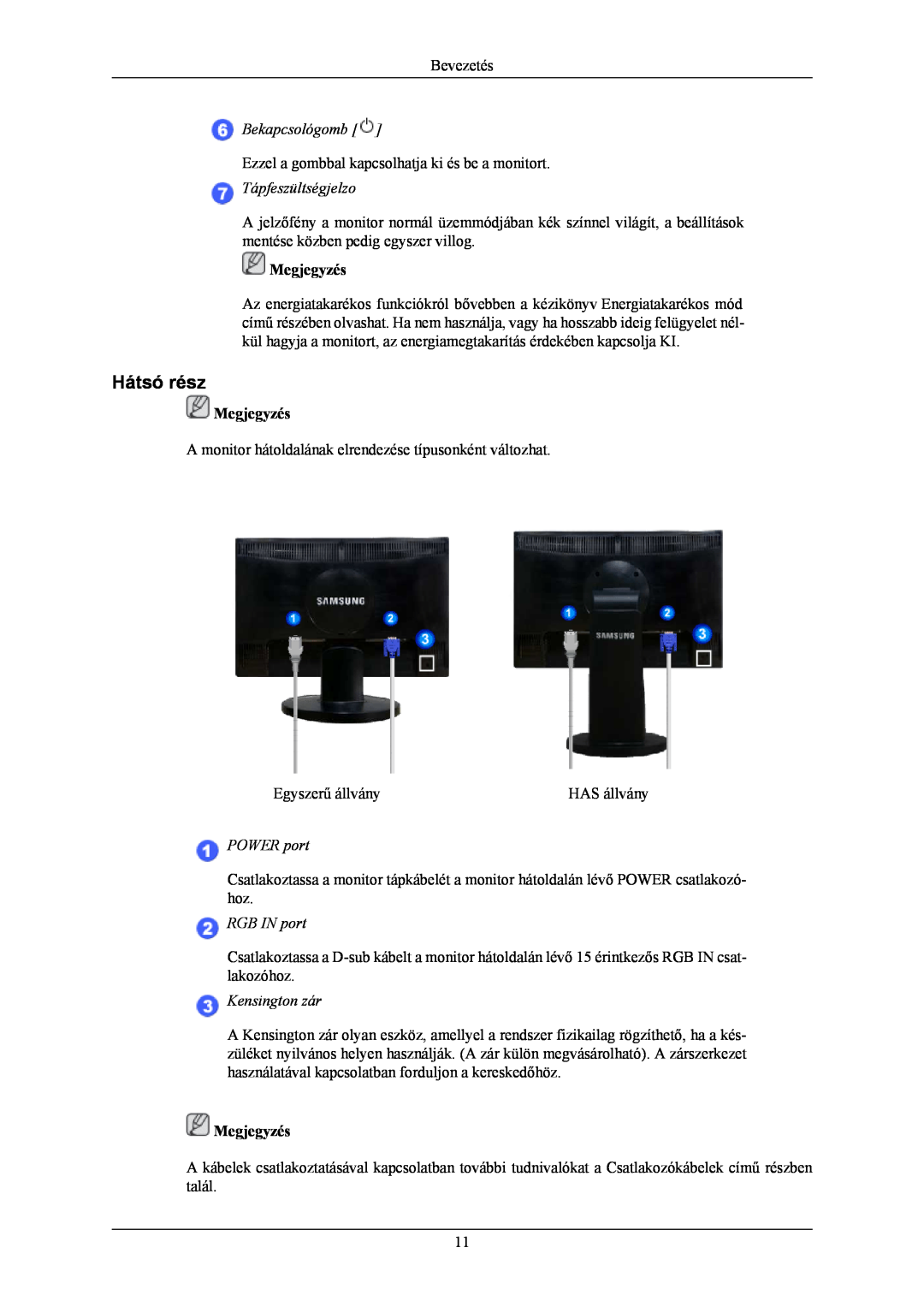 Samsung LS19MYNKBBUEDC manual Hátsó rész, Bekapcsológomb, Tápfeszültségjelzo, POWER port, RGB IN port, Kensington zár 