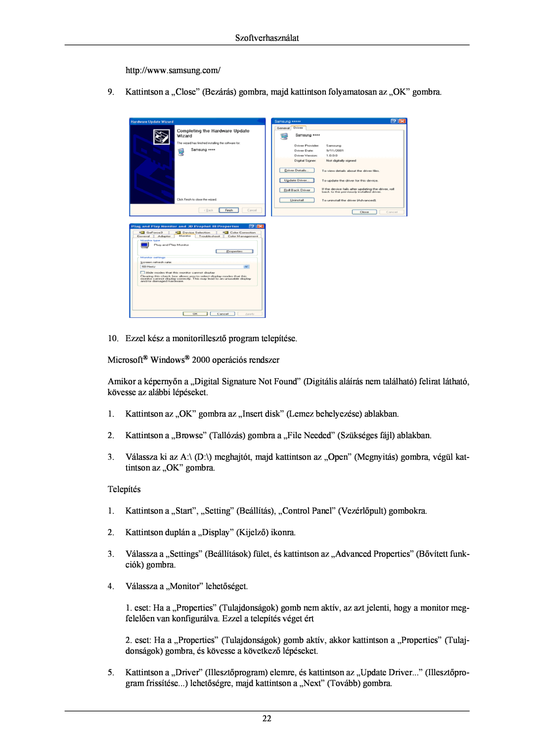 Samsung LS19MYNKBB/EDC, LS19MYNKSB/EDC manual Szoftverhasználat, Telepítés, Kattintson duplán a „Display” Kijelző ikonra 