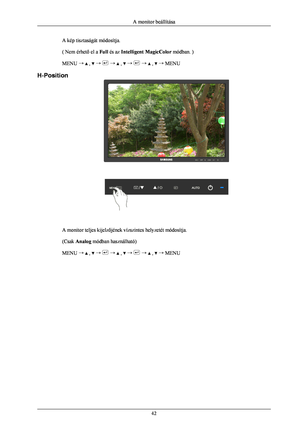 Samsung LS19MYNKBB/EDC manual H-Position, A monitor beállítása A kép tisztaságát módosítja, Menu → , → → , → → , → Menu 