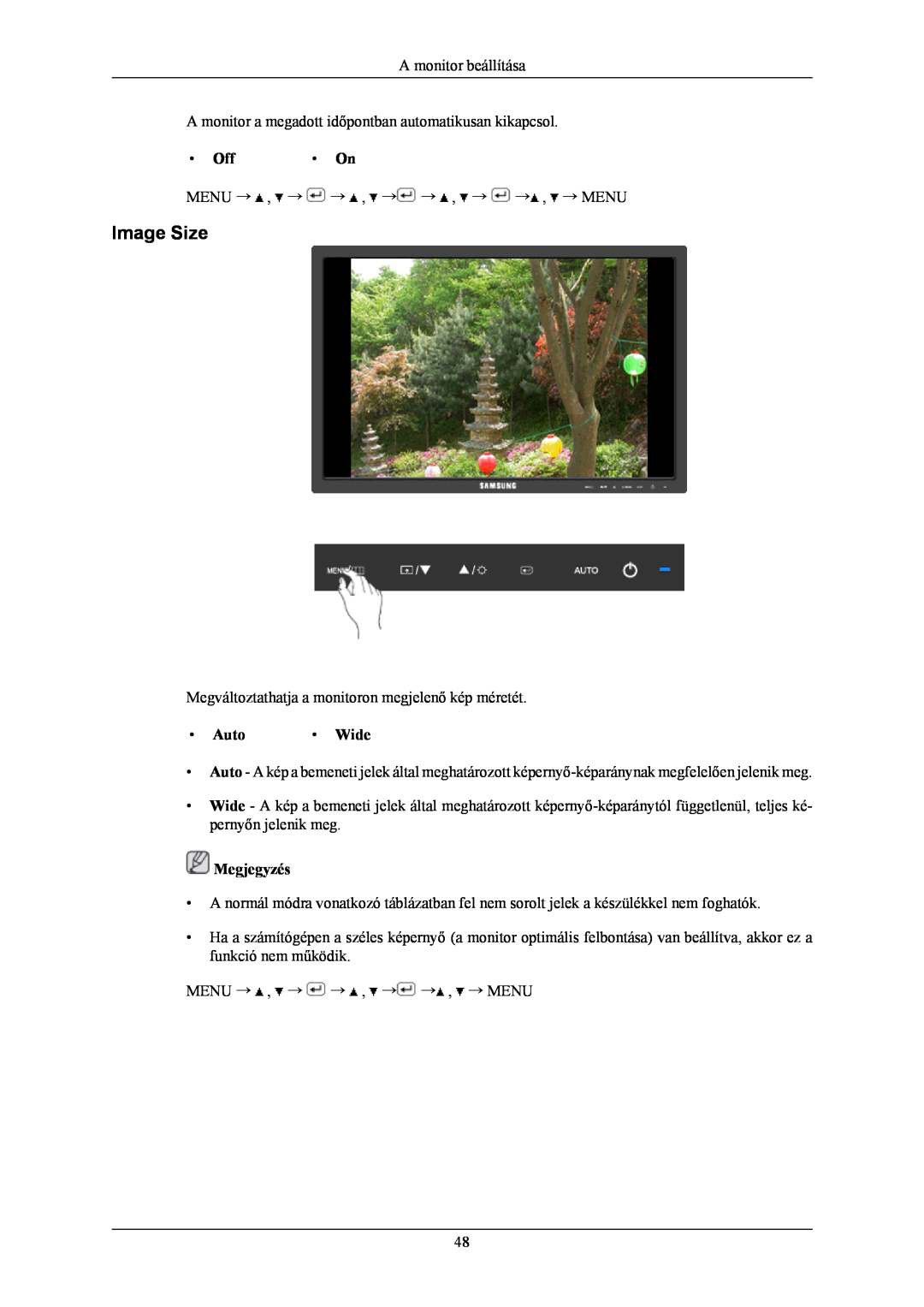 Samsung LS19MYNKSBA/EN, LS19MYNKSB/EDC, LS19MYNKS/EDC, LS19MYNKBBUEDC manual Image Size, Off On, Auto, Wide, Megjegyzés 