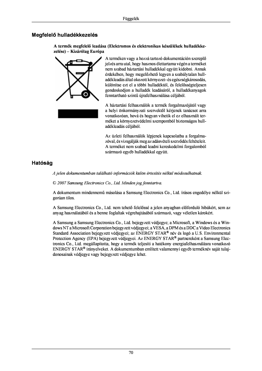 Samsung LS19MYNKS/EDC, LS19MYNKSB/EDC, LS19MYNKBBUEDC, LS19MYNKBB/EDC, LS19MYNKB/EDC manual Megfelelő hulladékkezelés, Hatóság 