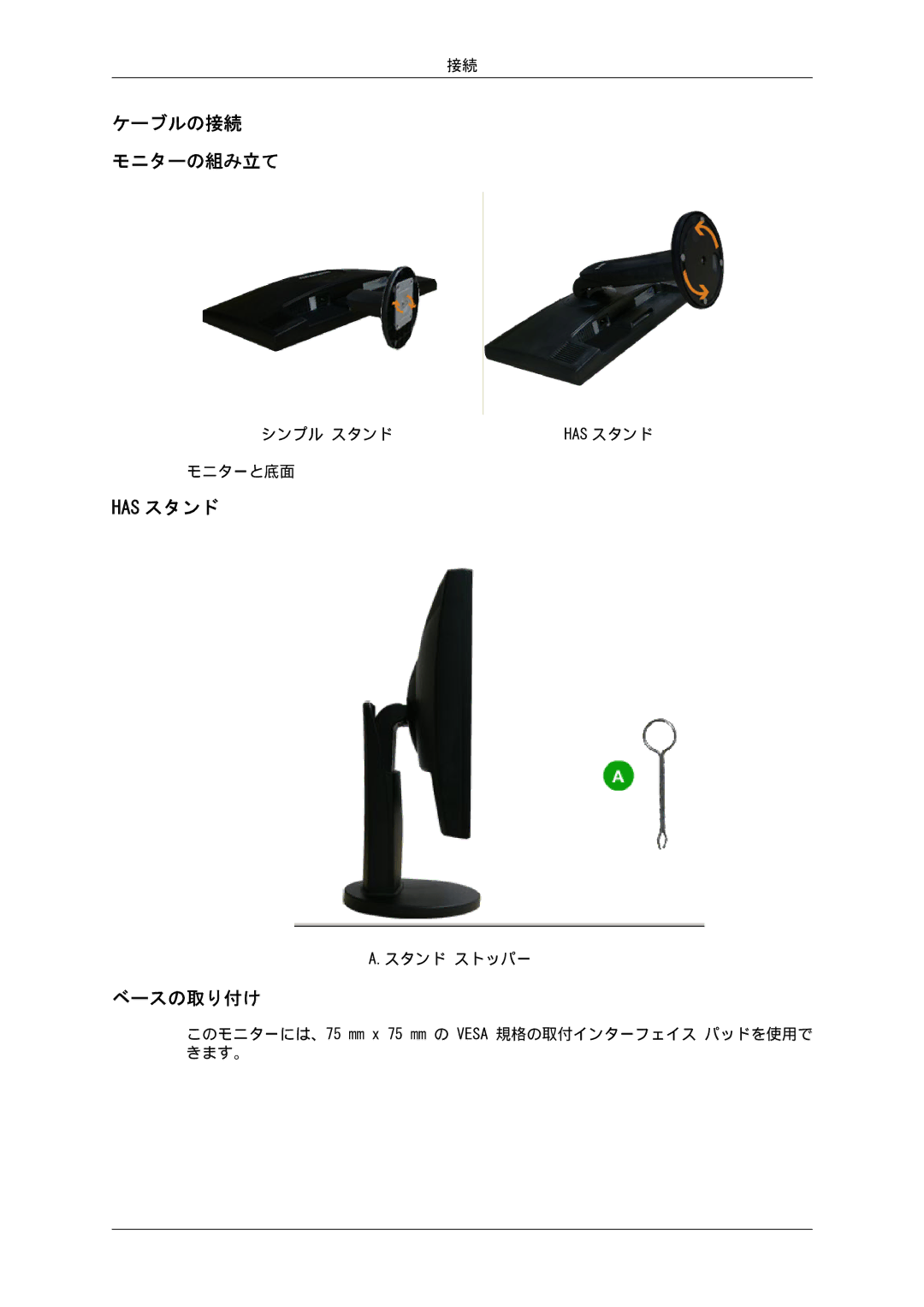 Samsung LS19MYSKBB/XSJ manual ケーブルの接続 モニターの組み立て, Has スタンド, ベースの取り付け 