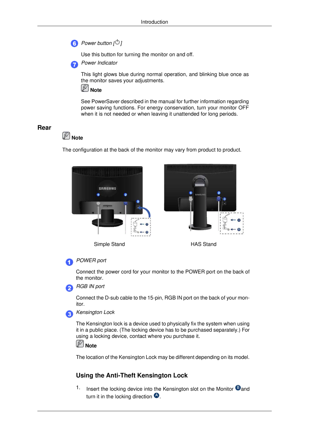 Samsung LS19MYSKBB/XSJ manual Rear, Using the Anti-Theft Kensington Lock 