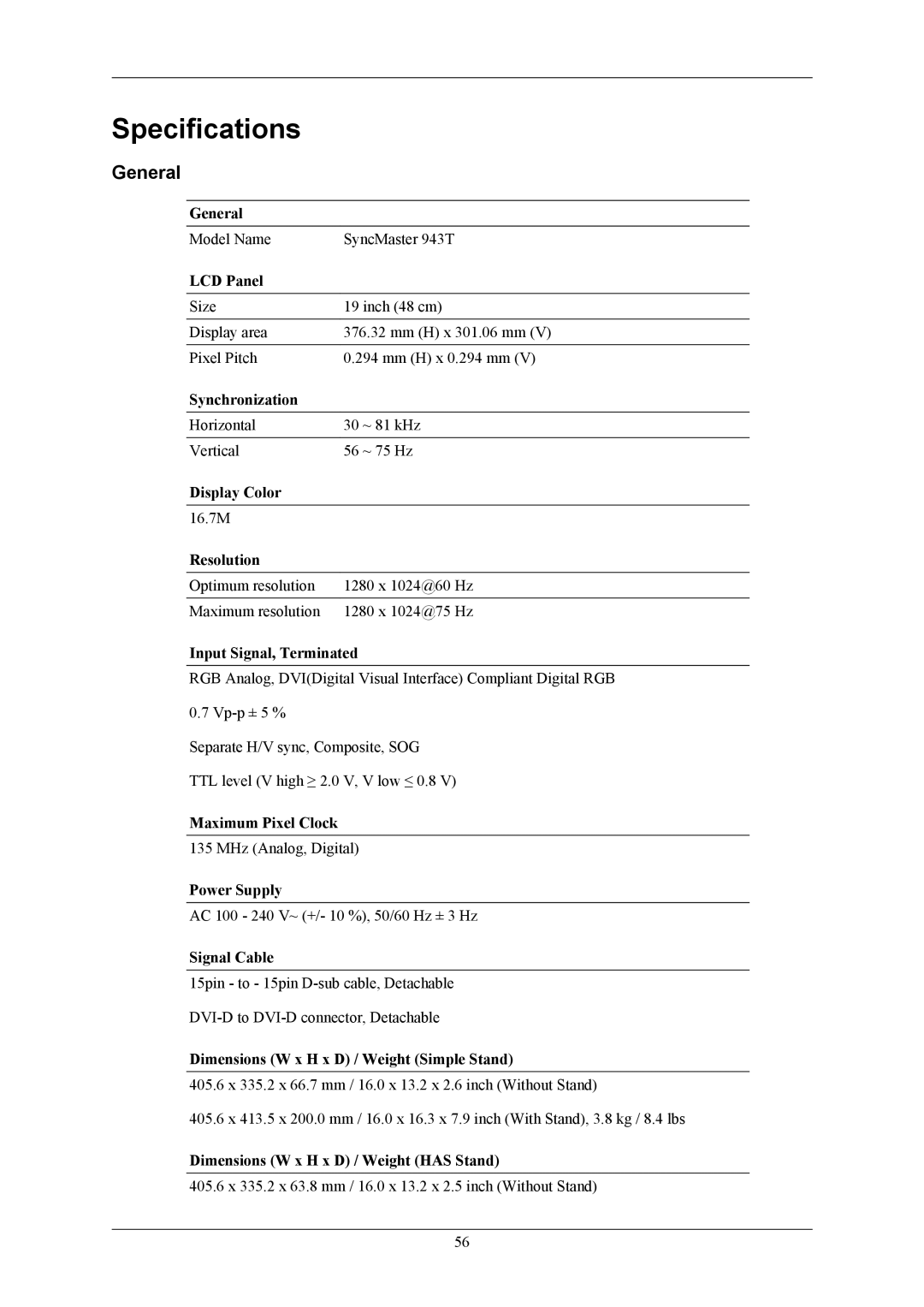 Samsung LS19MYTESCA/EN, LS19MYTESQ/EDC, LS19MYTEBCA/EN, LS19MYTEBQ/EDC, LS19MYTEB2/CI, LS19MYTES7/CI Specifications, General 