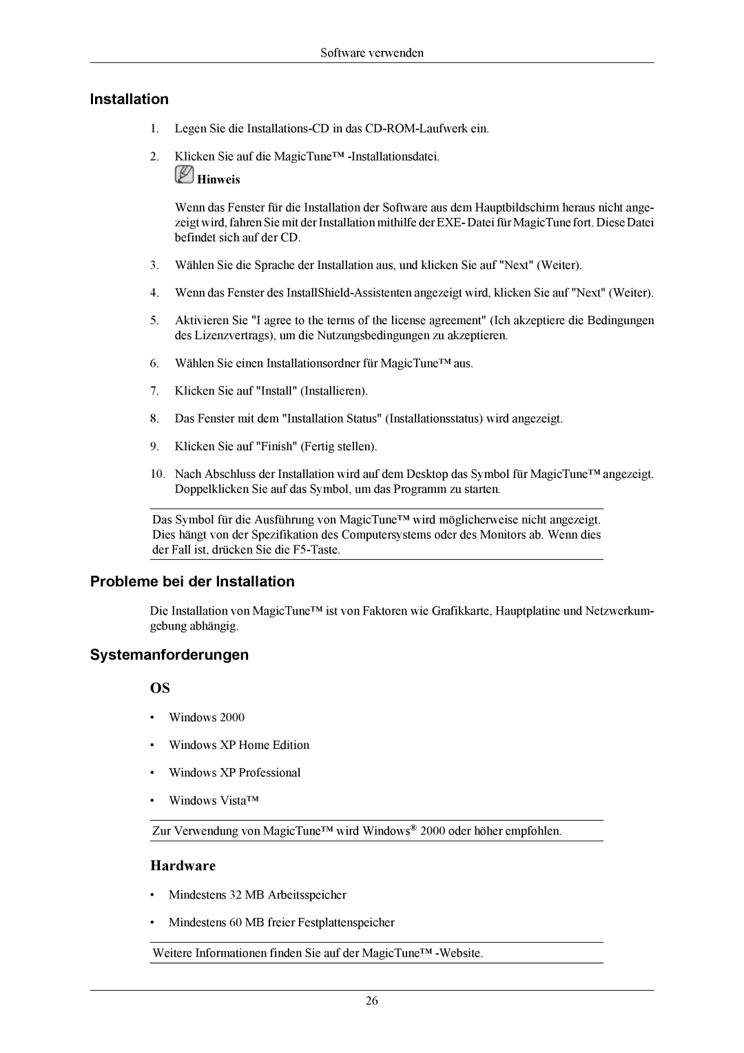 Samsung LS19MYTESQ/EDC, LS19MYTESCA/EN, LS19MYTEBQ/EDC manual Probleme bei der Installation, Systemanforderungen 