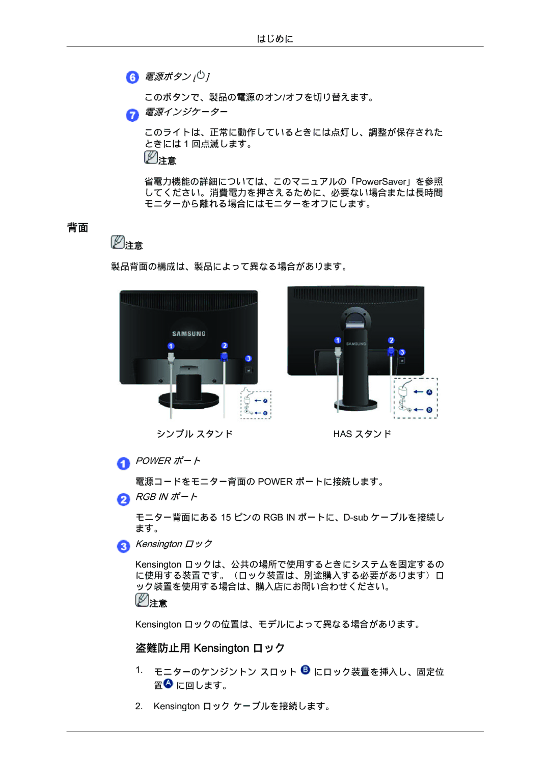 Samsung LS19MYYKBB/XJ manual 盗難防止用 Kensington ロック, 電源ボタン 