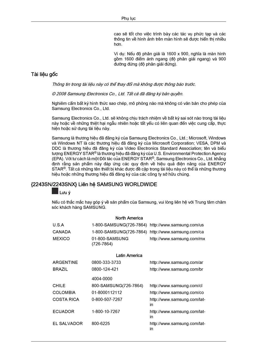 Samsung LS19MYYKFMXSV manual Tài liệu gốc, 2243SN/2243SNX Liên hệ Samsung Worldwide 