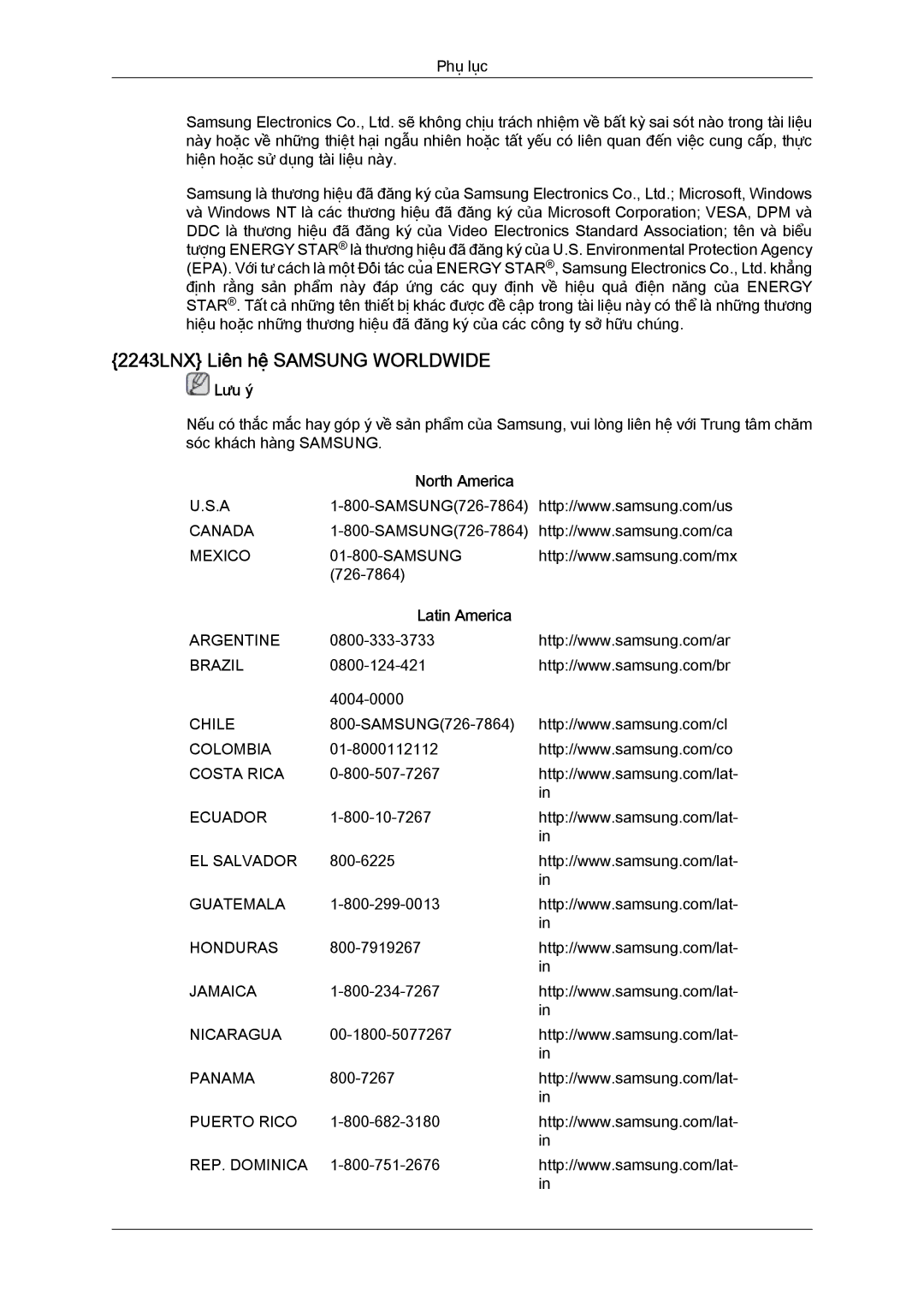 Samsung LS19MYYKFMXSV manual 2243LNX Liên hệ Samsung Worldwide 