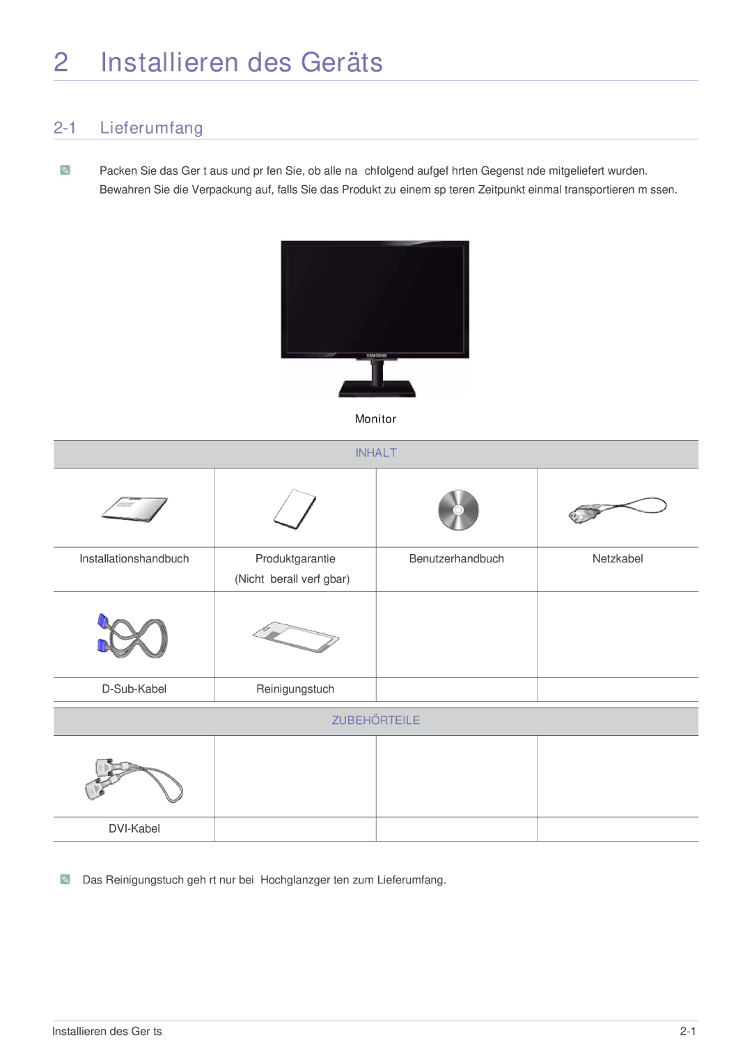 Samsung LS19NVBHB/EN manual Installieren des Geräts, Lieferumfang, Inhalt, Zubehörteile 