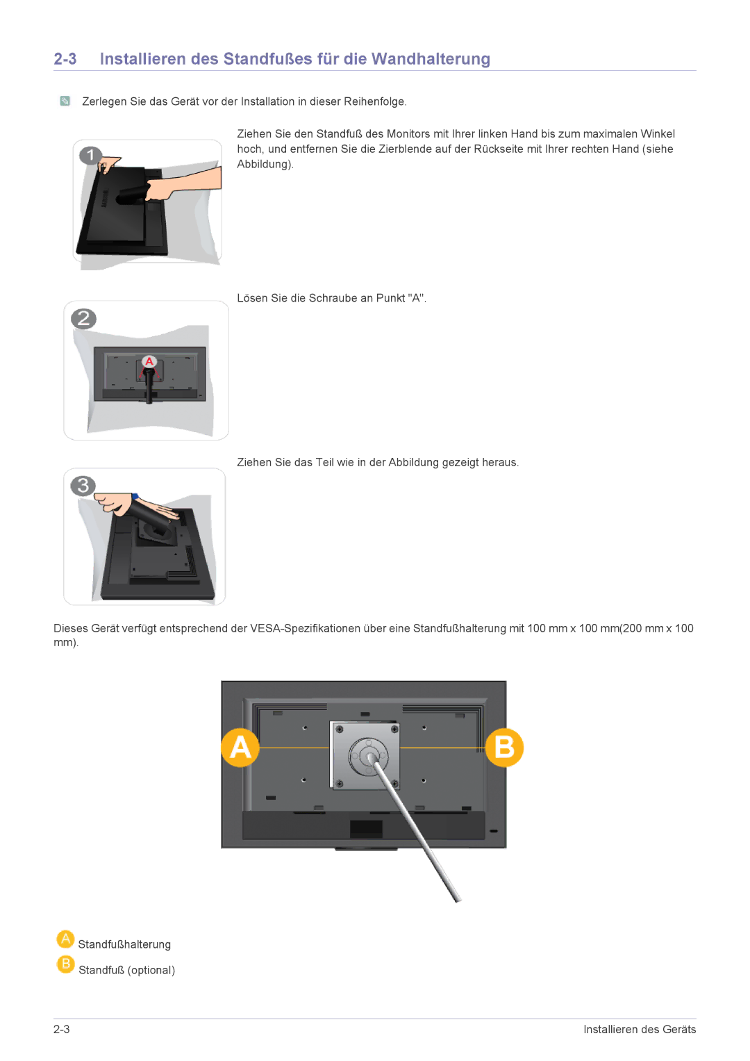 Samsung LS19NVBHB/EN manual Installieren des Standfußes für die Wandhalterung 