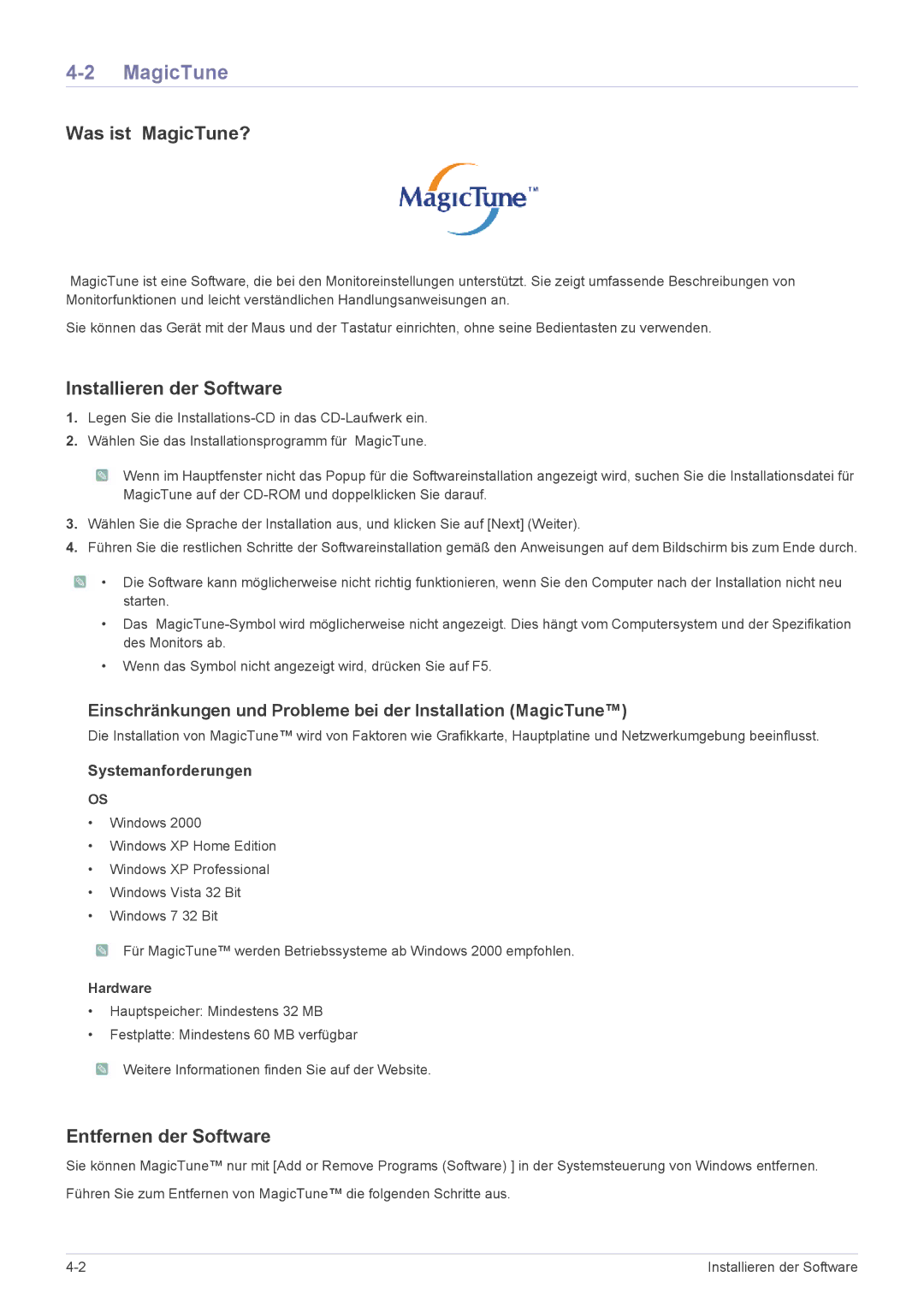 Samsung LS19NVBHB/EN manual Was ist MagicTune?, Installieren der Software, Entfernen der Software, Hardware 