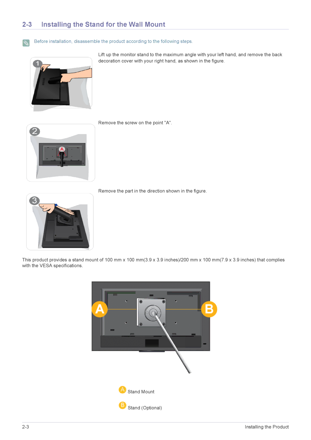 Samsung LS19NVBHB/EN manual Installing the Stand for the Wall Mount 