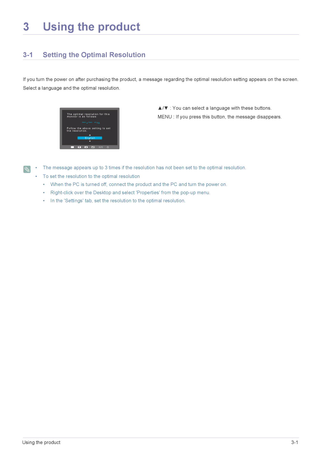 Samsung LS19NVBHB/EN manual Using the product, Setting the Optimal Resolution 