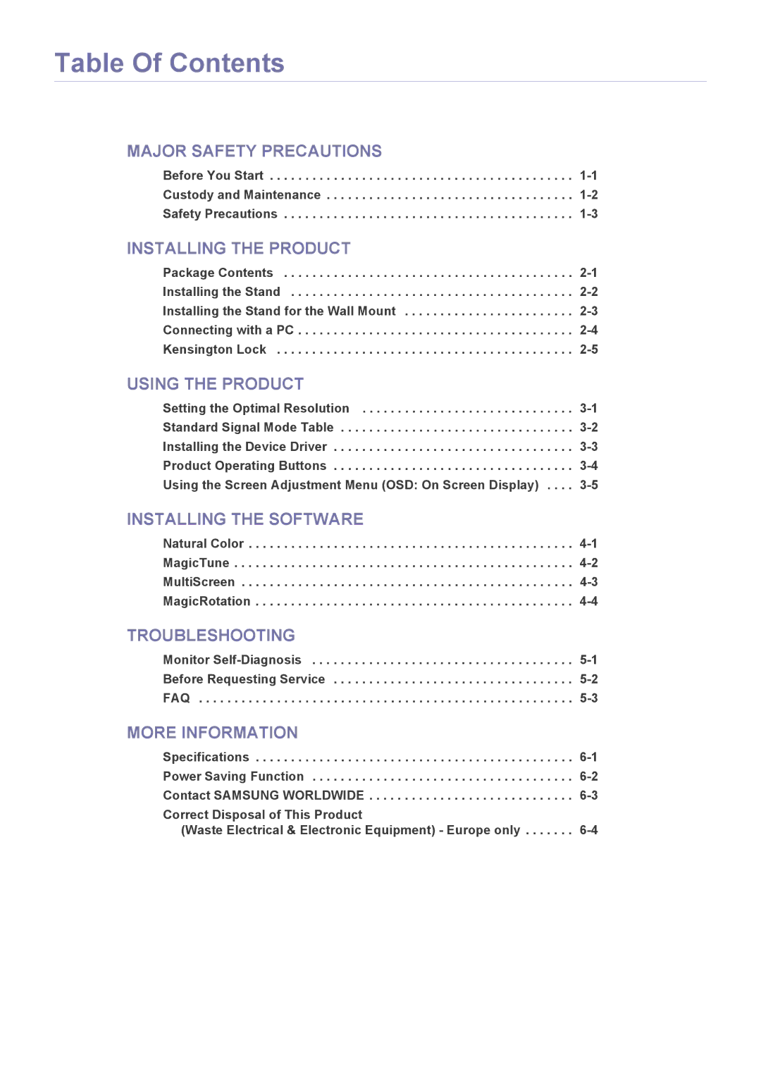 Samsung LS19NVBHB/EN manual Table Of Contents 