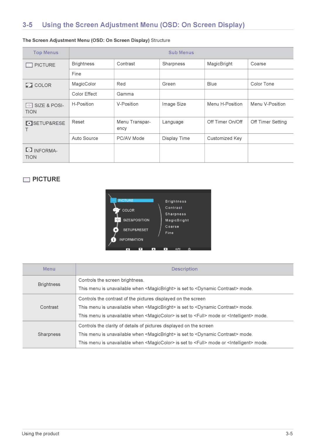 Samsung LS19NVBHB/EN manual Using the Screen Adjustment Menu OSD On Screen Display 