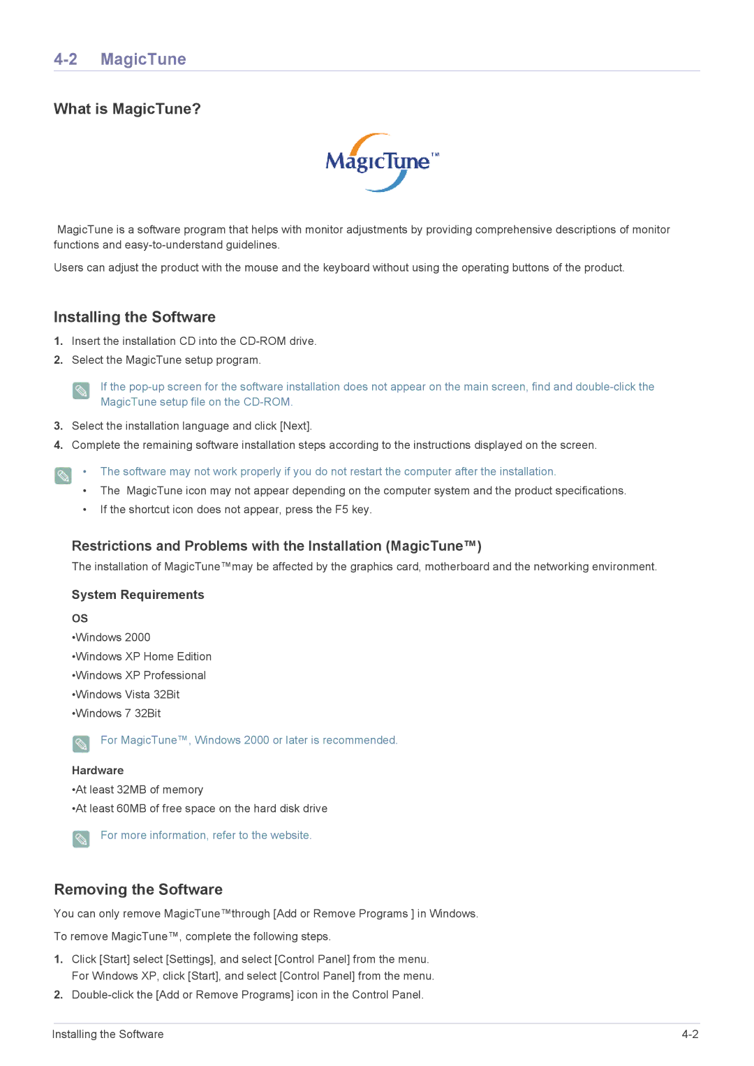 Samsung LS19NVBHB/EN manual What is MagicTune?, Installing the Software, Removing the Software, Hardware 