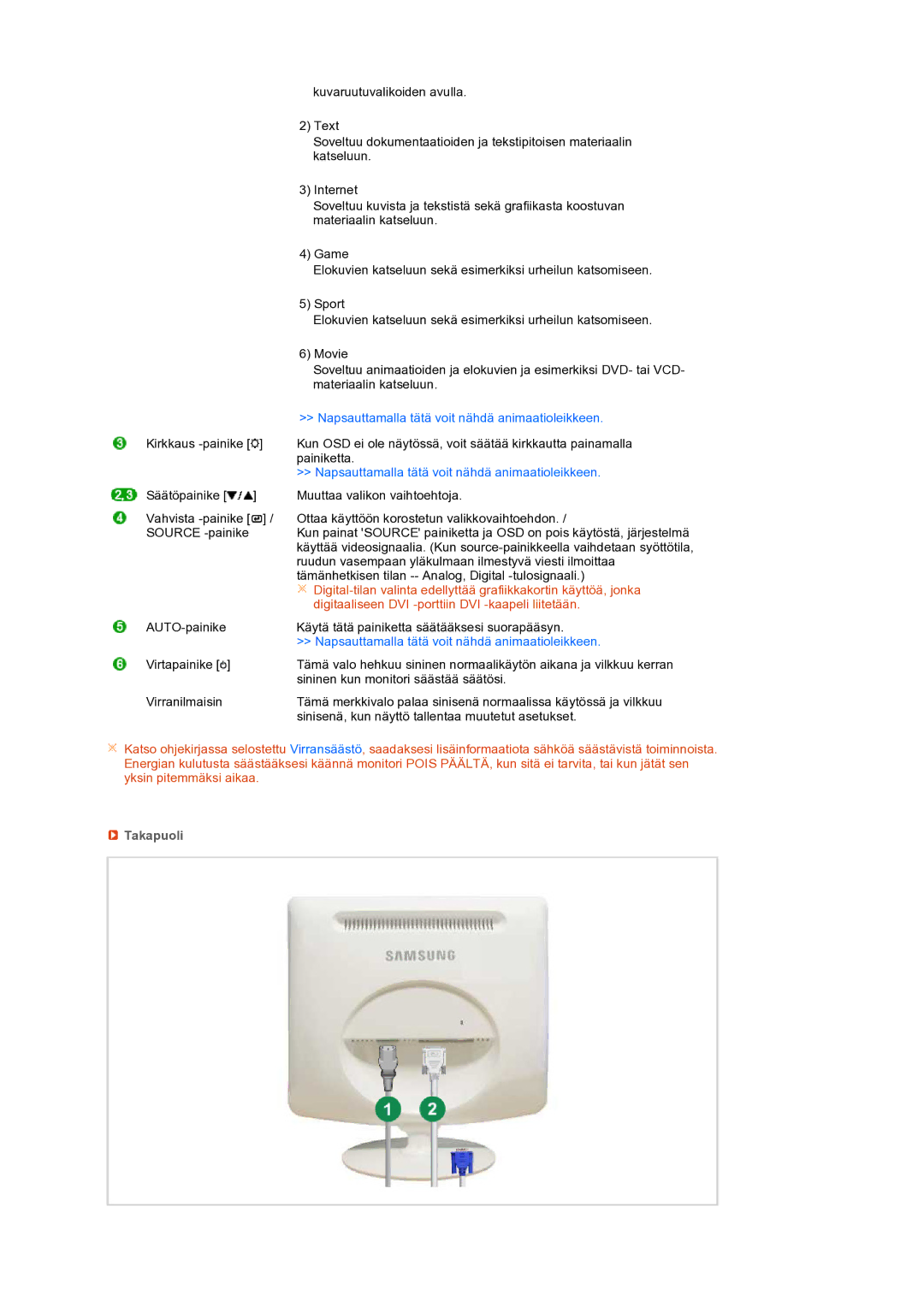 Samsung LS19PEBSWV/EDC, LS19PEBSBV/EDC manual Digitaaliseen DVI -porttiin DVI -kaapeli liitetään 