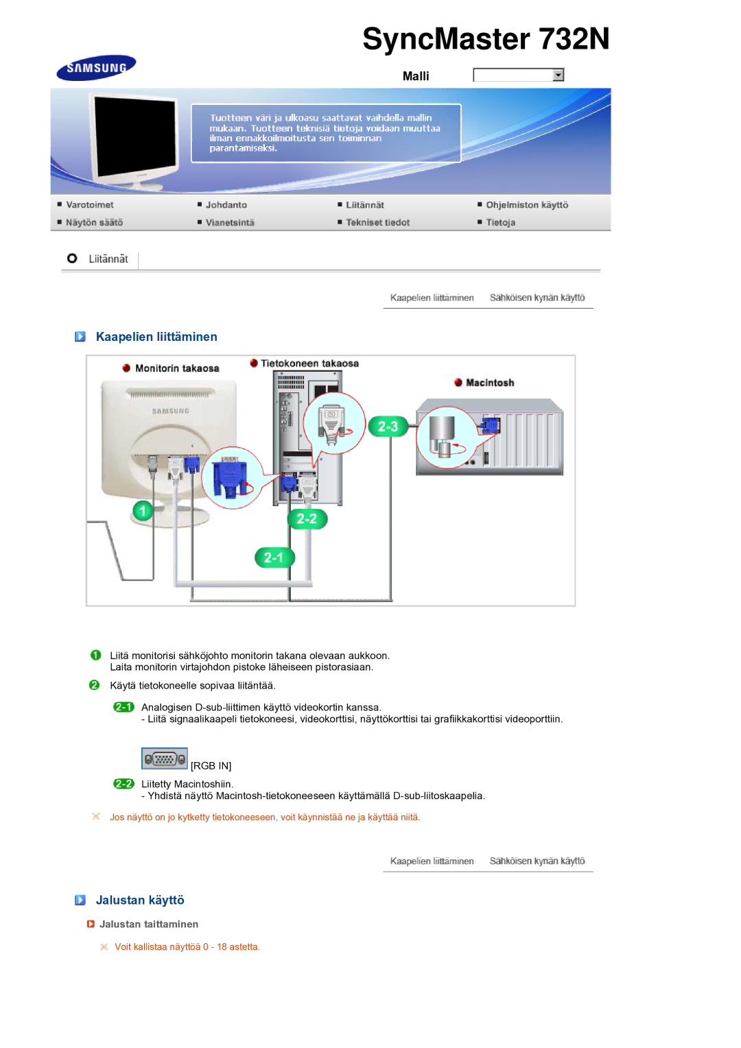 Samsung LS19PEBSWV/EDC, LS19PEBSBV/EDC manual Kaapelien liittäminen, Jalustan käyttö, Jalustan taittaminen 