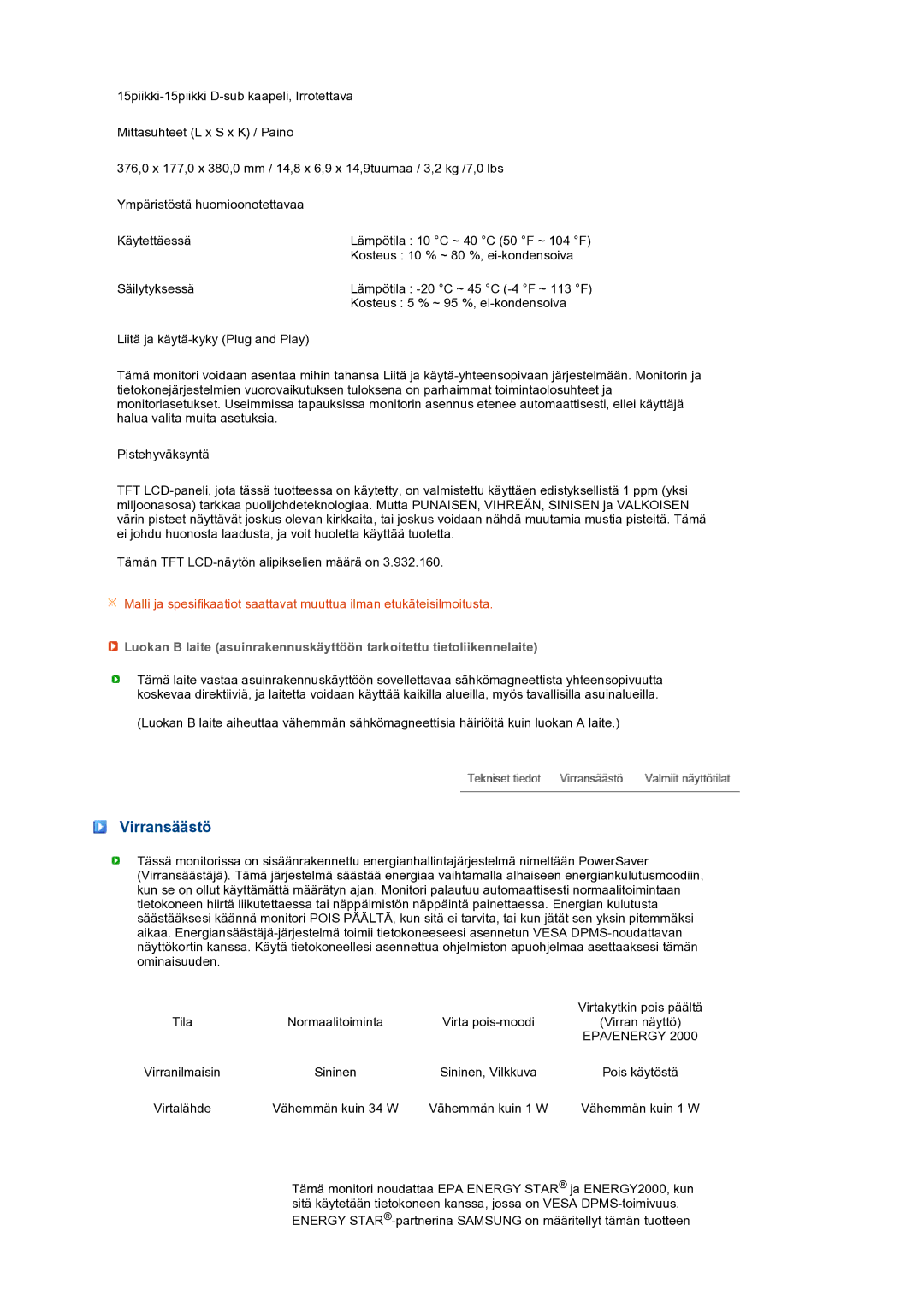 Samsung LS19PEBSBV/EDC, LS19PEBSWV/EDC manual Virransäästö, Epa/Energy 