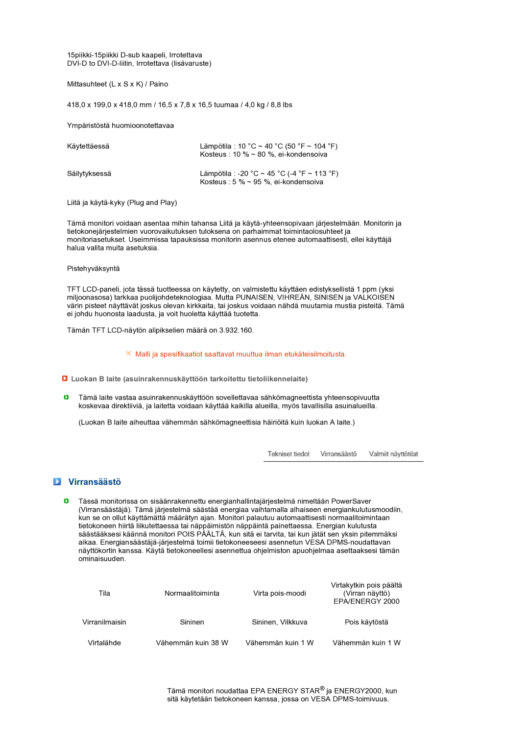 Samsung LS19PEBSBV/EDC, LS19PEBSWV/EDC manual Virransäästö 