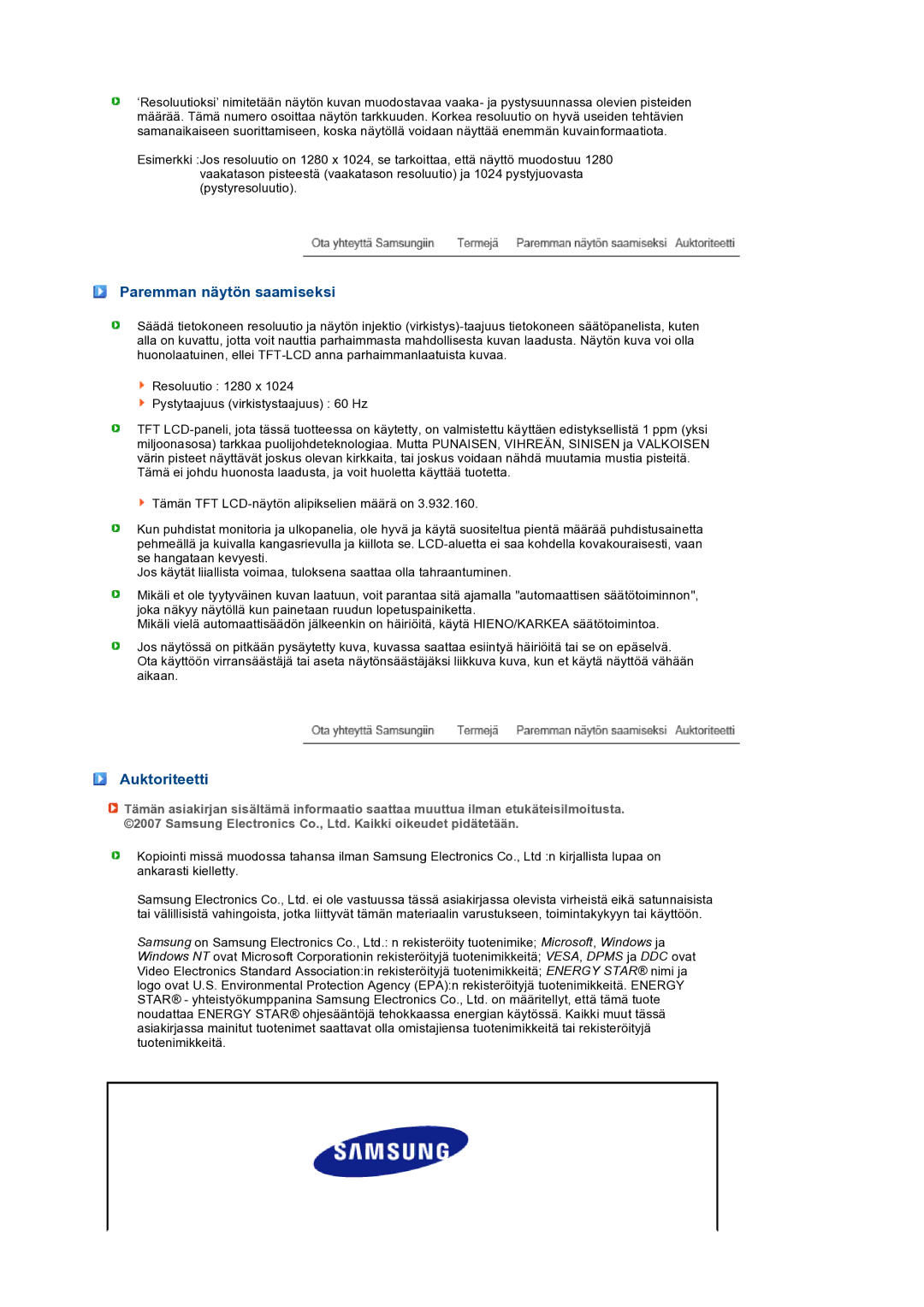 Samsung LS19PEBSBV/EDC, LS19PEBSWV/EDC manual Paremman näytön saamiseksi, Auktoriteetti 