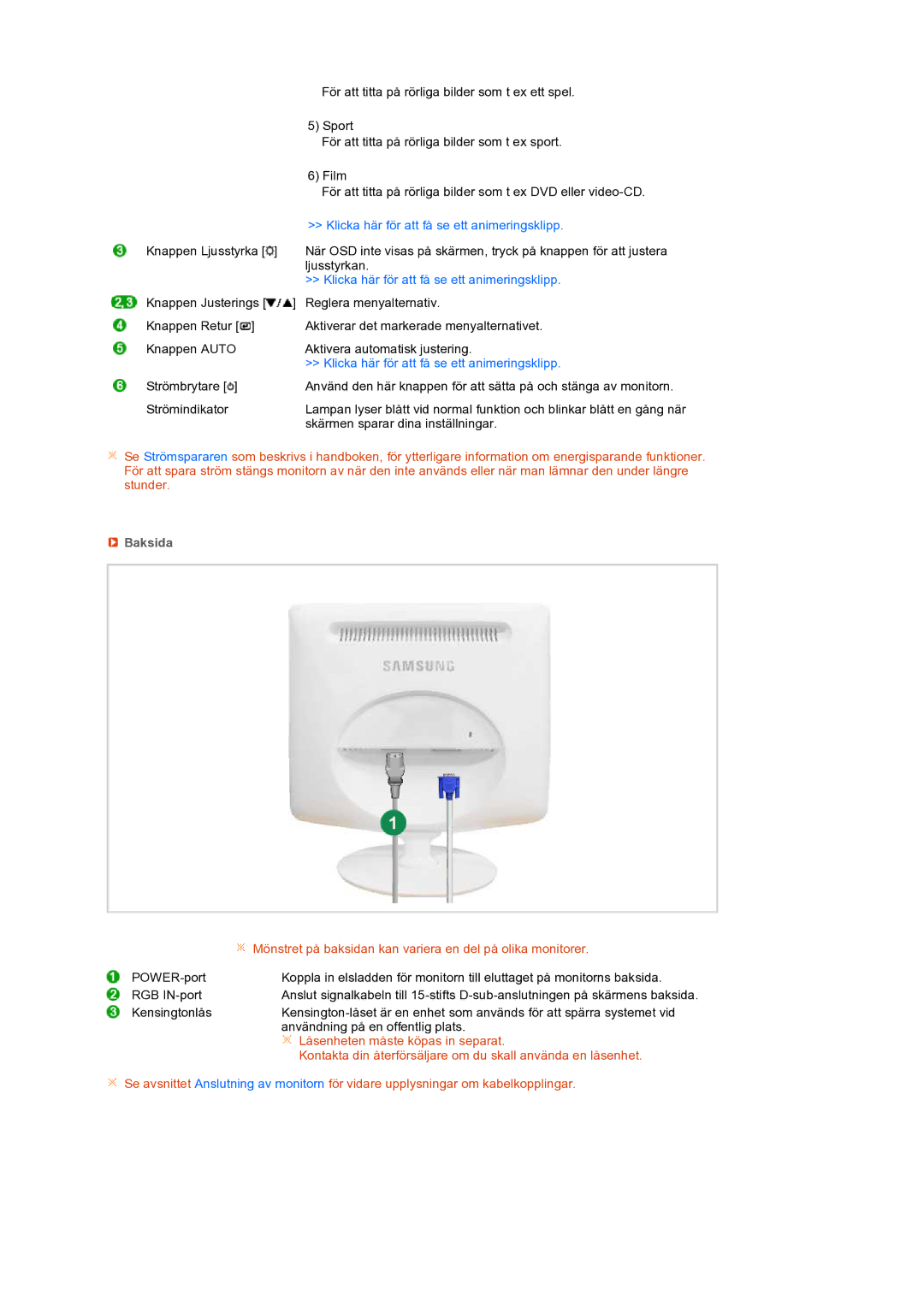 Samsung LS19PEBSWV/EDC, LS19PEBSBV/EDC manual Klicka här för att få se ett animeringsklipp, Baksida 