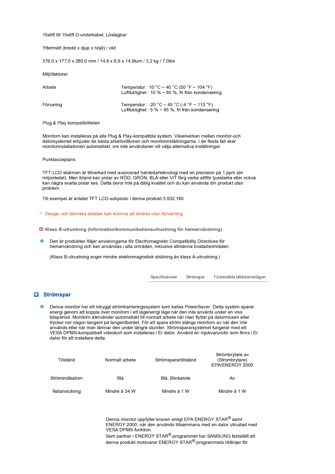 Samsung LS19PEBSWV/EDC, LS19PEBSBV/EDC manual Strömspar, Epa/Energy 